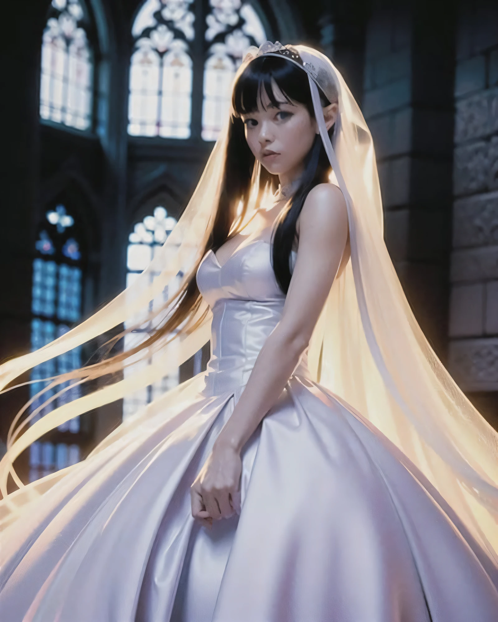 ASCIIbest quality, high quality,(ulzzang-6500:1.0), highres, photorealistic, 4K, Raw, masterpiece, beautiful color, cinematic light, cinematic shadow, high detail face, detail skin, photographed with a sony A9M2, sigma 85 f1.4 lens, 1 gril(elf, bride, shiny hair, long hair, blonde hair, beautiful blue eyes, extremely cute and beautiful, big breasts, , ), (smiling:0.8), dynamic angle,closed mouth, sharp outline, looking down, wearing wedding dress(white wedding dress, wedding veil, (long white gloves), white ribbon, flower, translucent), full body, holding flower, ((gothic cathedral)), (Stained glass windows:1), indoor, light from above, low contrast, (side view),