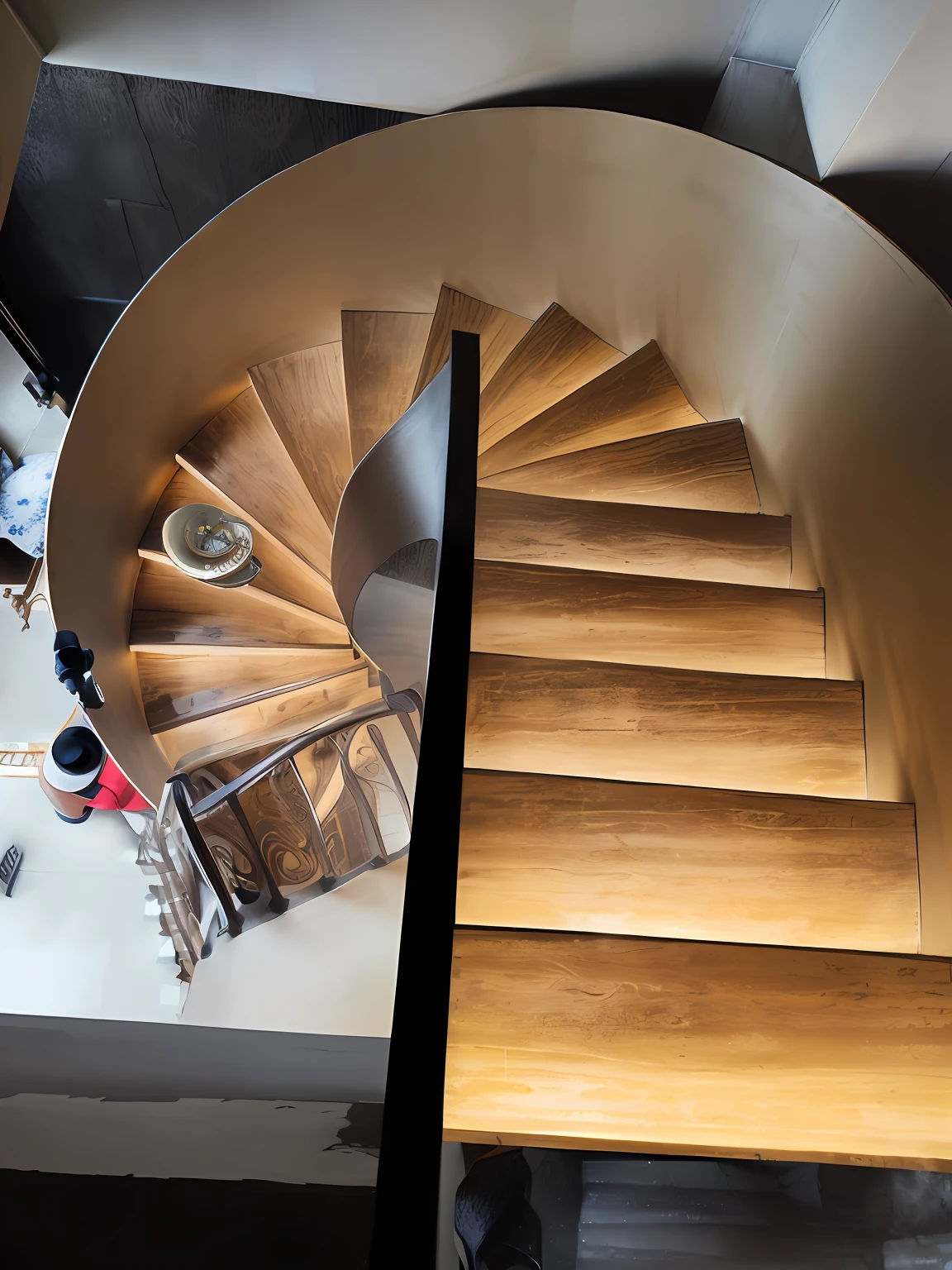 There is a spiral staircase with wooden handrails and a cup of coffee, spiral stairs, Spiral staircase, stairways, looking from above, penrose stairs, staircase, long winding stairs going down, Wooden stairs, 1 staircase, stairways, photo taken from above, decadent spiral staircase, Grand staircase, spiralling, gold striated swirling finish, View from above