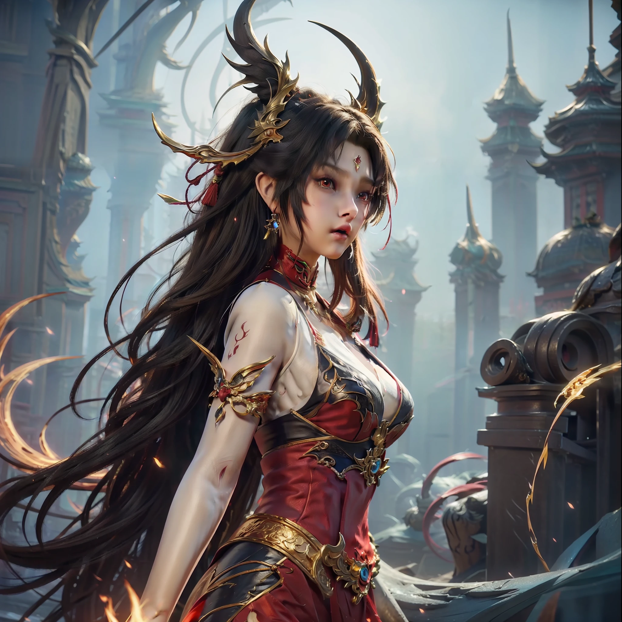 a woman in a red dress standing in front of a fire, by Yang J, dragon girl, 8k high quality detailed art, digital fantasy art ), trending on cgstation, beautiful elegant demon queen, fantasy art style, 2. 5 d cgi anime fantasy artwork, chinese fantasy, epic fantasy art style hd, epic exquisite character art, fanart best artstation