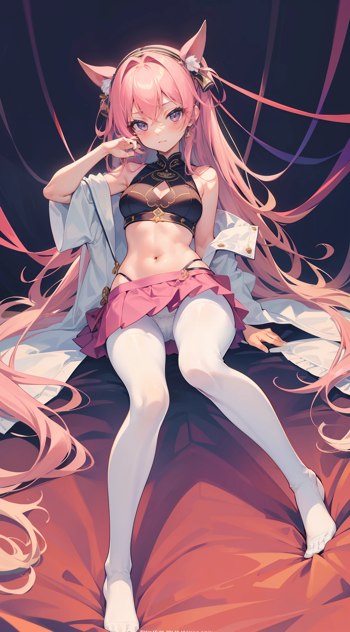 16k, hyper HD, retinas, Masterpiece, ccurate, Anatomically correct, High details, Best quality, High quality, A high resolution，Pink hair,shairband，hair adornments，dual horsetail，Sleeveless dress，short  skirt，Hosiery，White tights，In the daytime，Long hair and medium breasts，Brilliant，opulent，first person，illustration，quadratic element，Open navel，big assa，cropped shoulders，white  panties，cosplay，Asia face，16 yaers old，s girl，Long legs，lacepantyhose，full bodyesbian，Barefoot，Open skirt bottom