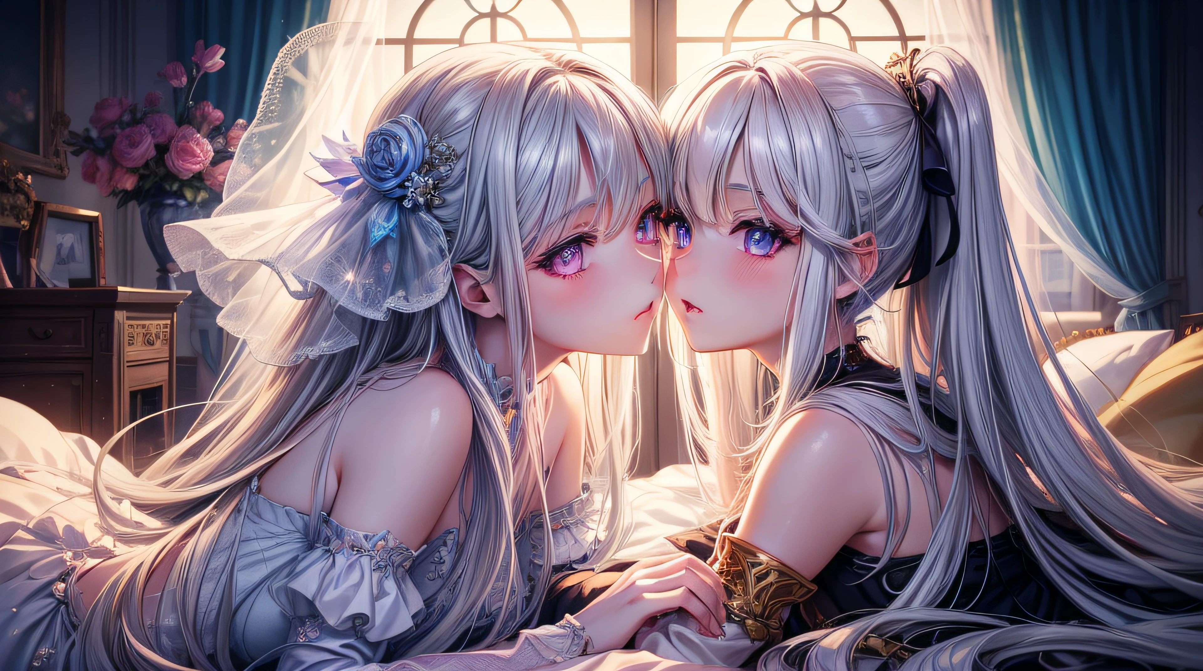 anime - style image of two women in a room with a window, kissing together cutely, kissing together, kissing each other, lovely kiss, fine details. two beautiful anime girls, white hair, purple eyes, glowing eyes, cute, kawaii, digital art, finely detailed eyes, embarrassed expression, long_hair, blushing, (highly detailed 8k wallpaper), best resolution, very_long_hair, masterpiece, best quality ,masterpiece, illustration, an extremely delicate and beautiful, extremely detailed ,CG ,unity ,8k wallpaper, Amazing, finely detail,huge filesize, ultra-detailed, highres, extremely detailed,beautiful detailed girl, extremely detailed eyes and face, beautiful detailed eyes,