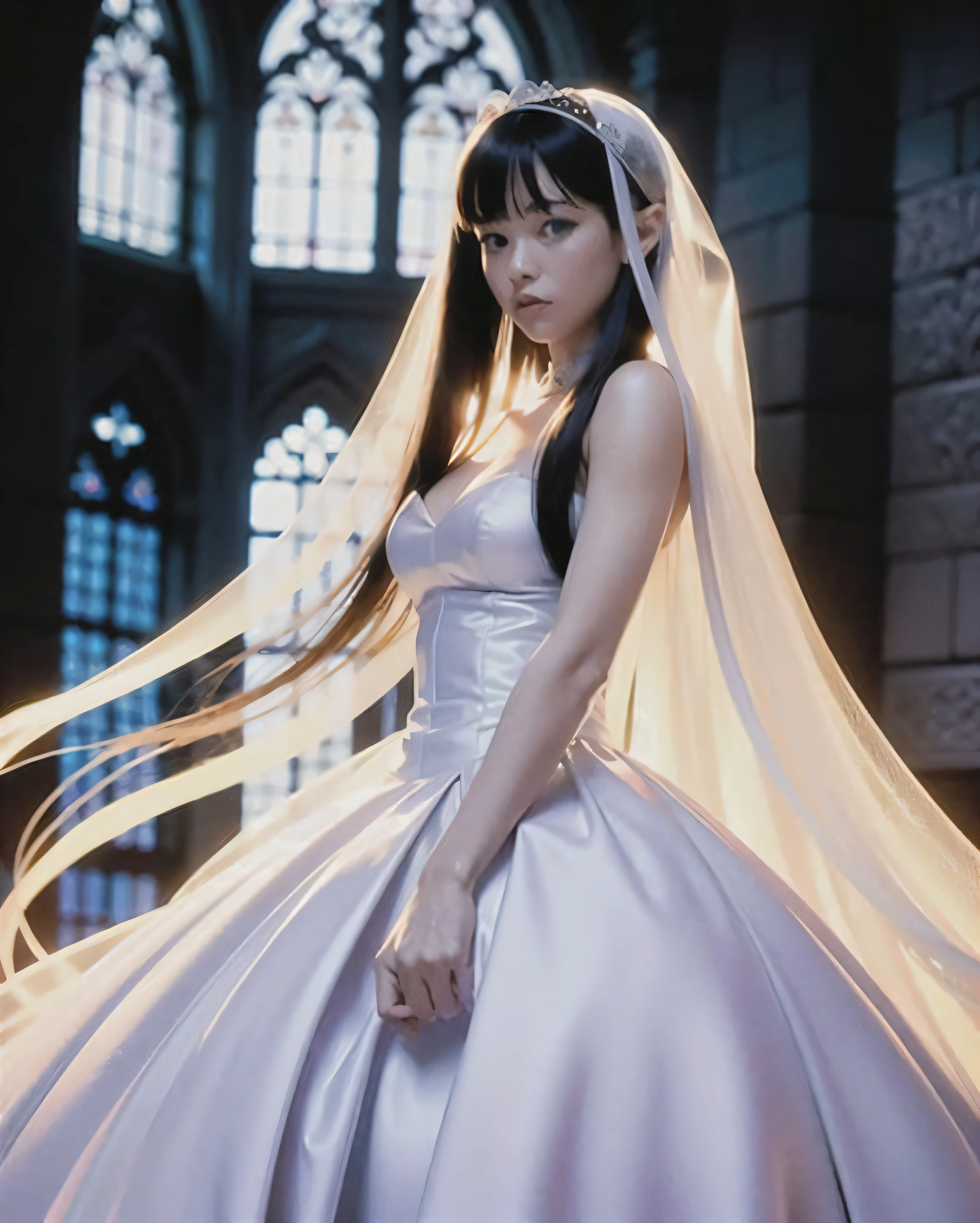 ASCIIbest quality, high quality,(ulzzang-6500:1.0), highres, photorealistic, 4K, Raw, masterpiece, beautiful color, cinematic light, cinematic shadow, high detail face, detail skin, photographed with a sony A9M2, sigma 85 f1.4 lens, 1 gril(elf, bride, shiny hair, long hair, blonde hair, beautiful blue eyes, extremely cute and beautiful, big breasts, , ), (smiling:0.8), dynamic angle,closed mouth, sharp outline, looking down, wearing wedding dress(white wedding dress, wedding veil, (long white gloves), white ribbon, flower, translucent), full body, holding flower, ((gothic cathedral)), (Stained glass windows:1), indoor, light from above, low contrast, (side view),