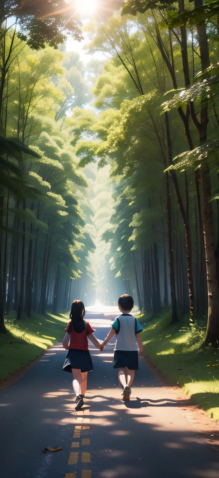 The best quality,8k,夏天,at a forest,The sun shines on the ground through the leaves,Lots of wildflowers,Green grass,A road stretches into the distance,Two children holding hands,Back Shadow,Run into the distance --auto