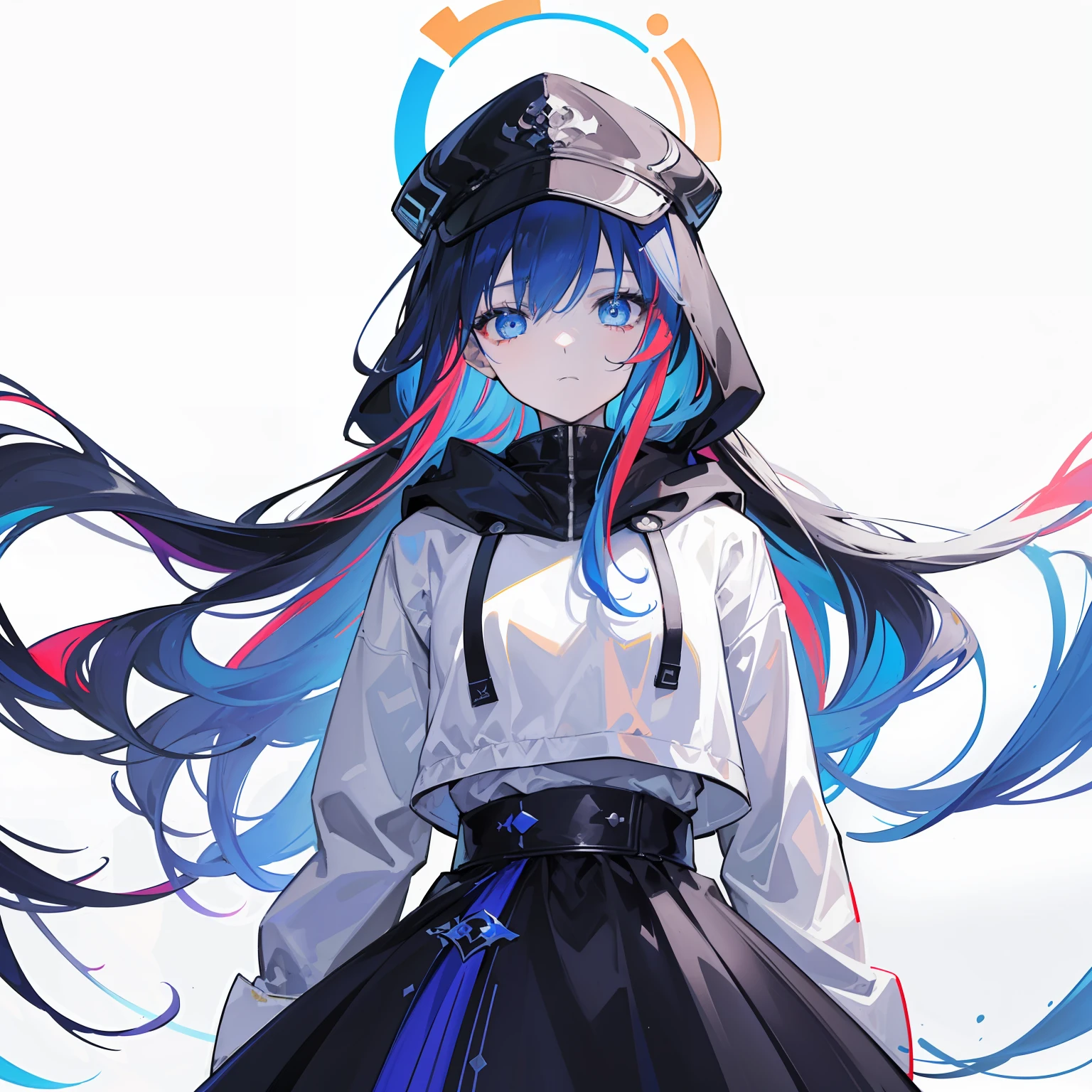(best quality, masterpiece), Glitch screen filter, (1girl, solo, hood, expression face, standing, looking at viewer, cap, blue eyes, long straight hair, closed mouth, upper body,), (Monochrome, multicolored carved circle, white wall),