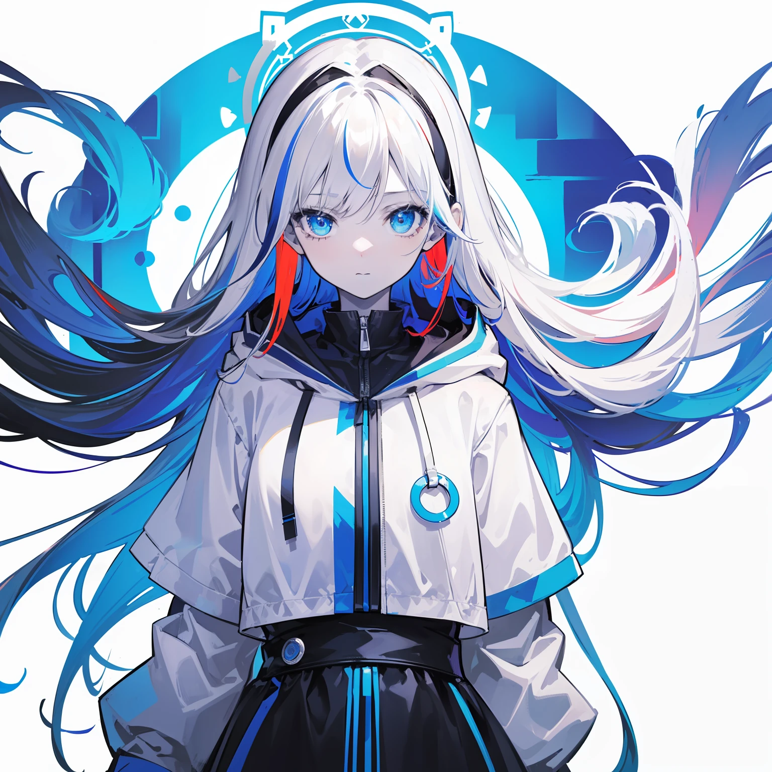 (best quality, masterpiece), Glitch screen filter, (1girl, solo, hood, expression face, standing, looking at viewer, cap, blue eyes, long straight hair, closed mouth, upper body,), (Monochrome, multicolored carved circle, white wall),