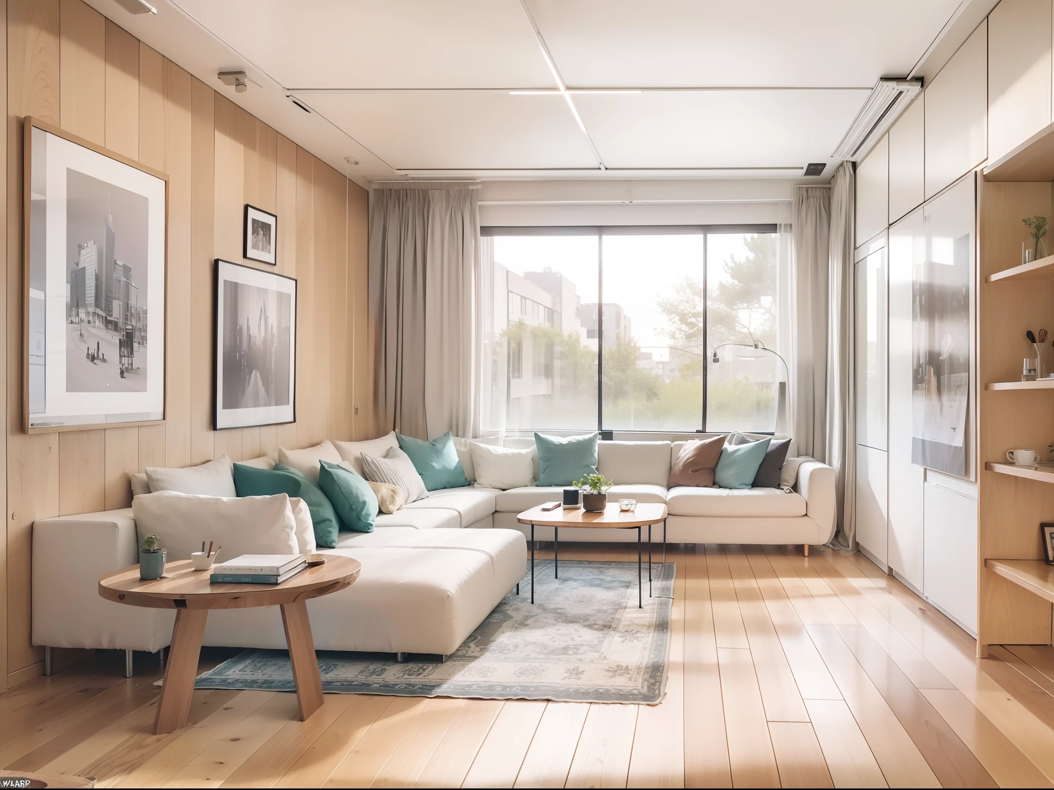 a sketch of a beautiful modern living room, (((foster and partners, artists impression, artistic impression, by Hamish MacDonald, by Carey Morris, by David Brewster, higher detailed illustration, by Helen Berman, an illustration, detailed illustration, by Nick Fudge, by Warren Mahy, artist's impression))), a kitchen cabinet behind the white sofa, with minimal pictures on the wall, linen curtain next to the classroom window, coffee table, modern wood, ceiling with magnetic emissive lighting, white fabric PRB textures, wooden floor PRB texture,