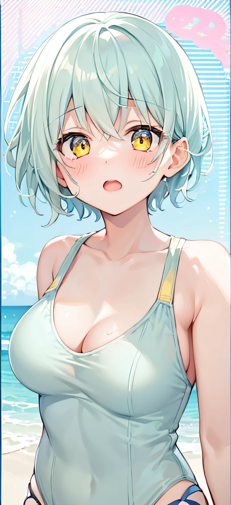 1girl,light blue short hair,light yellow eyes,beach,swimsuit,cute,blush,medium breast,cumulonimbus,best quality++,highest quality++