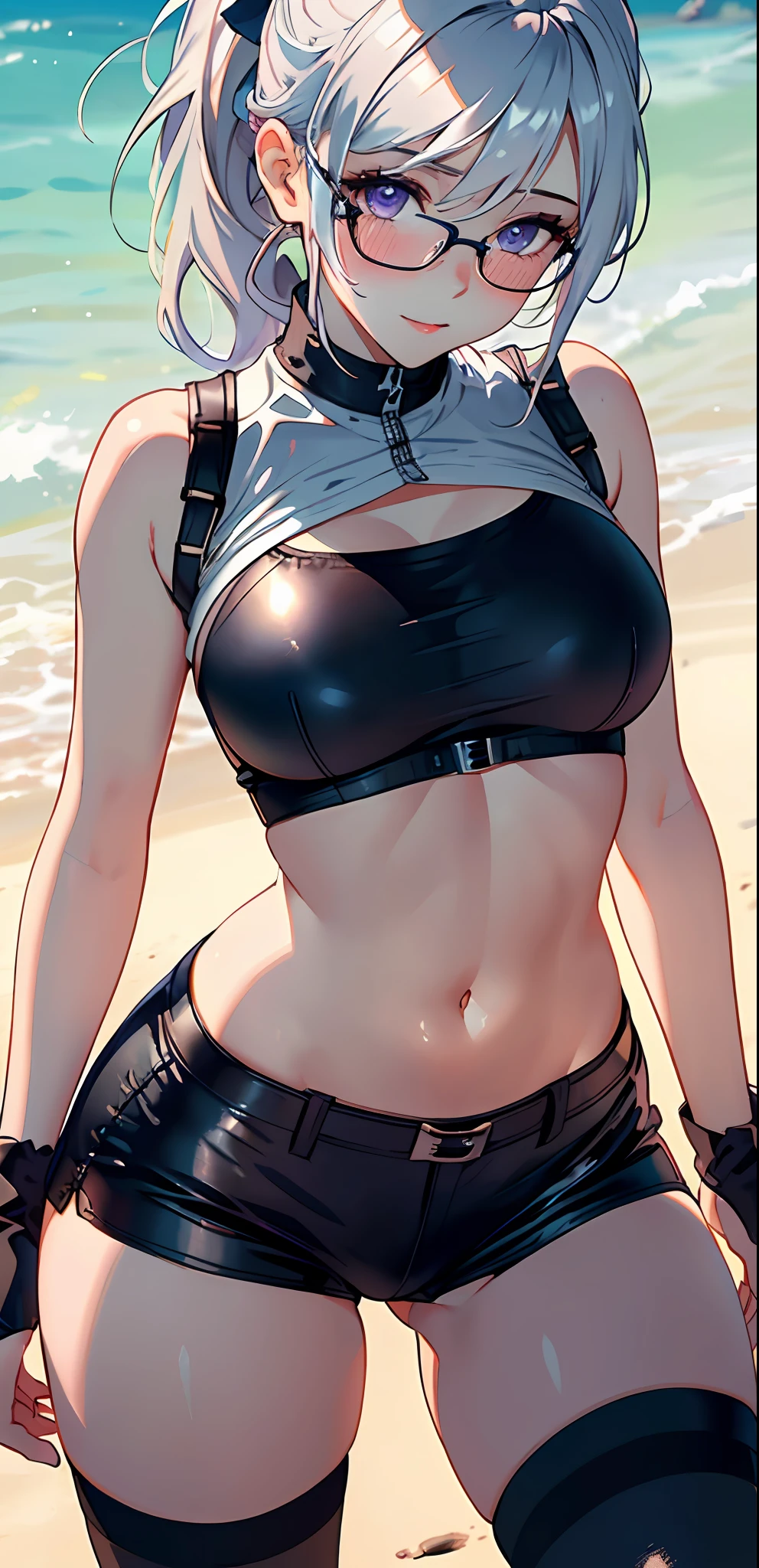 NSFW、1 girl,masterpiece、beautiful lighting、Detailed beautiful face、Detailed beautiful eyes、hight resolution、Ultra-fine illustration、extremely delicate and beautiful、top-quality、The whole body is shown:1.5、Sandy beach background、eye glass、low angles、(Cute),(Silvery hair、High Ponytail:1.5、Eyes are purple)、(drooing eyes:1.2、The eyes are detailed and beautiful),Curvaceous, A smile、(shinny hair, Glossy eyes, shinny skin), (glistning skin,de pele branca) 、(Recurve the body、up chest)、crouching down、open one's legs、Open knees、Emphasis on the chest、Emphasized crotch、(T-shirt、Low-rise leather pants 1.2)、thighs thighs thighs thighs、Watch your audience、under the boobs、blushed、thick thighs、(knee high socks:1.3)、Blushing cheeks、(abdominals)、The navel is visible