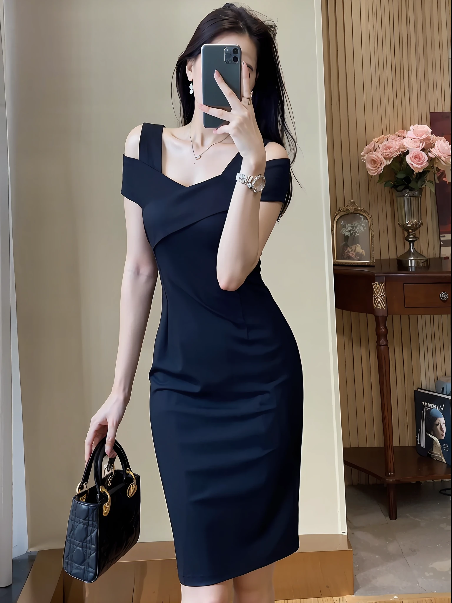 Araki woman taking a selfie in a black dress, Elegant dress, Bodycon dress, wearing a tight black dress, minimal bodycon feminine costume, sophisticated dress, light half opened dress, she wears a black dress, stylish dark dress, Black dress, Luxury dress, Dressed in elegant dresses, height of 165cm, Wearing a black dress