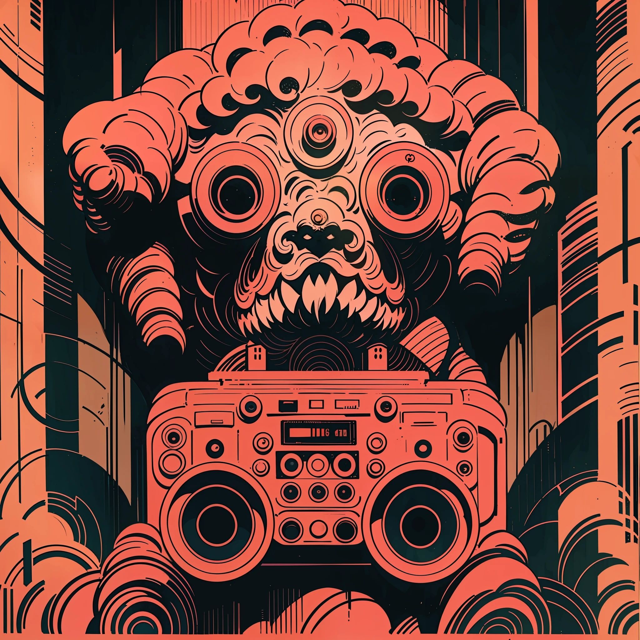 (((a monster creature)))), holding, a boombox with a radio, boombox, ghetto blaster, big ghetto blaster, tape deck, lofi hip hop, audio equipments, cassette, retro technology, nostalgic vibes, 1 9 6 0 s tech, radios, vintage, the 6 0 s, propaganda Poster, poster, Poster design, poster art style. 1970s, 1950s, 1960s, basic colour scheme, Very colourful poster, colour art, thirds rule, inspiring, 1970, lofi hip hop, high quality artwork, artwork, poster art style, promotional artwork, hiphop, 1 9 th, print, high quality wallpaper, poster artwork, style of shepherd fairey, in a retro or vintage style, reminiscent of classic advertisements or posters. Use warm and muted colors, capturing the nostalgic feel of vintage artwork This style should evoke a sense of nostalgia, illustration