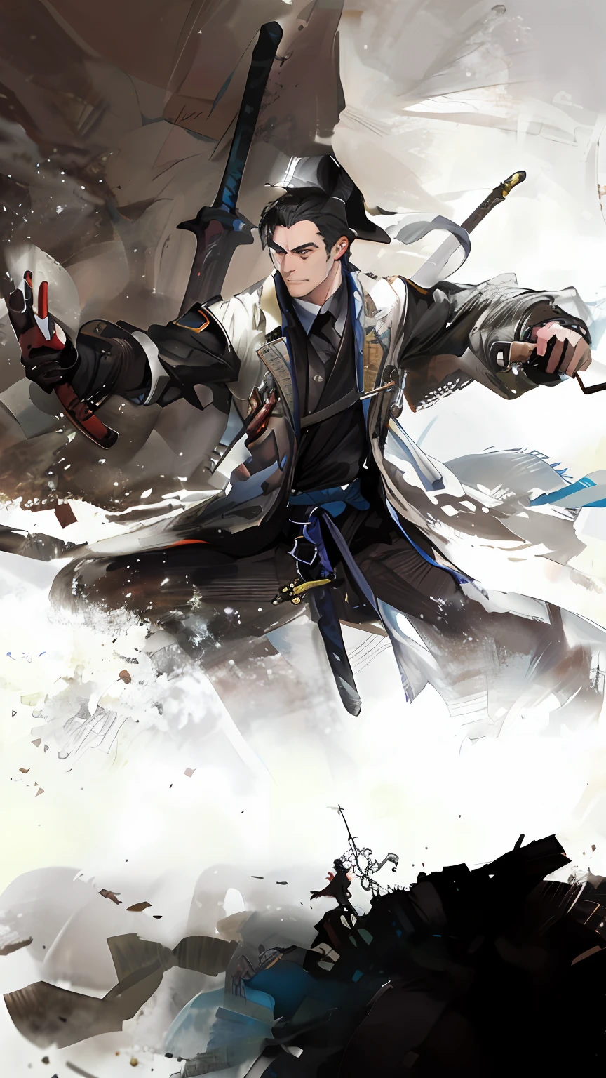 There was a man in a long coat holding a sword, swordsmen,ink wash style