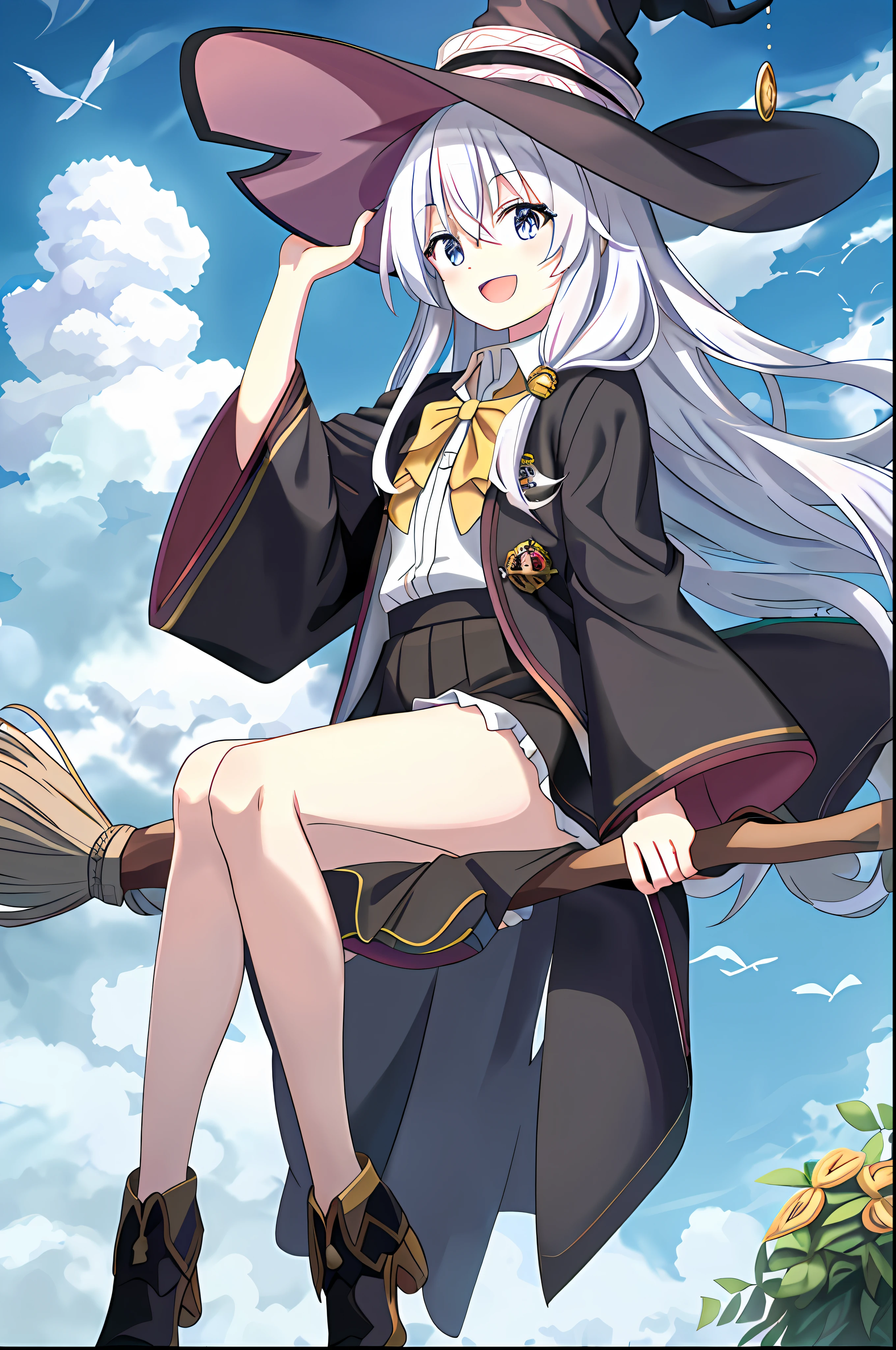 (masterpiece, best quality, highres),
elaina, hat, witch hat, solo, broom, long hair, sky, shirt, skirt, cloud, witch, open mouth, smile, black footwear, black headwear, white shirt, sidesaddle, black skirt, broom riding, robe, neck bowtie, yellow bowtie, looking at viewer, black robe, bow, open robe, hand on headwear, long sleeves, pointy footwear, boots, full body, yellow bow, open clothes, high heels, wide sleeves, :d, collared shirt, bare legs, badge, hair bundle, yellow hair band, sitting