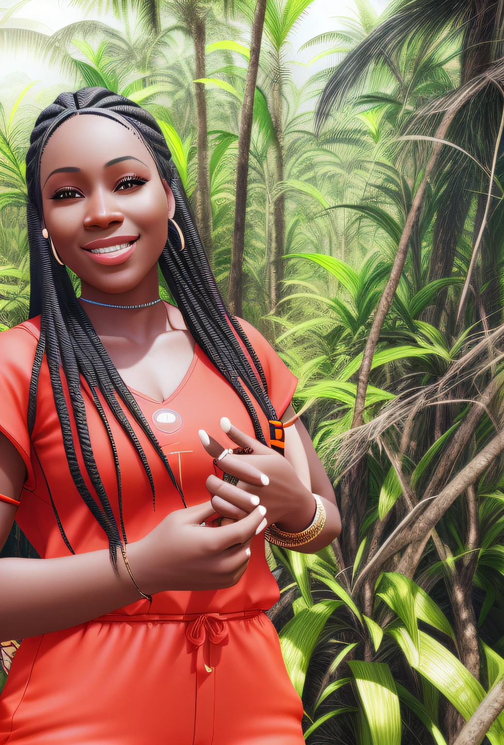 a portrait of a smiling and beautiful black woman, hair with long braids, straight black skin, thick lips, round face, wearing orange jumpsuit, around the woman acai forest, 3d rendering, bright color, animation lighting, super real