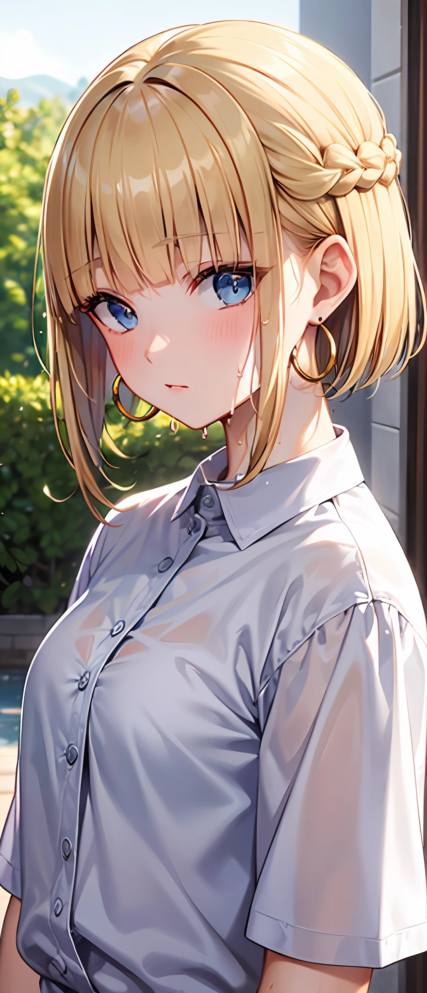 best quality,masterpiece,shiny blonde,blue eyes,white clothes, look down on, upper body,hair strand,Fair skin,short bob,wet through,french braid,blushing and red,blunt bangs,hoop earrings,gladient hair,left sideburn is longer than right one