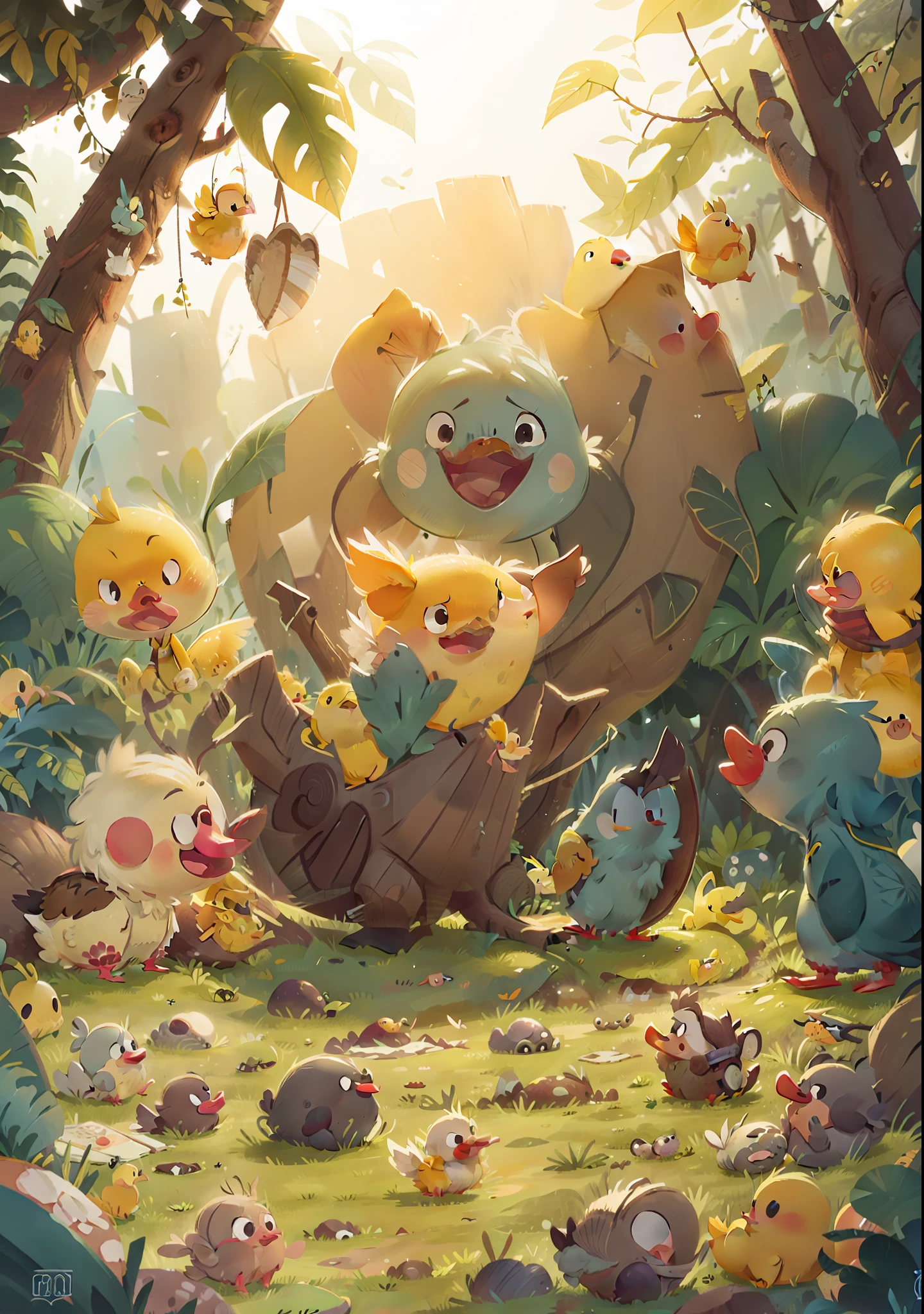 The gray duck broke out of its shell, and the yellow duck watching next to it was surprised