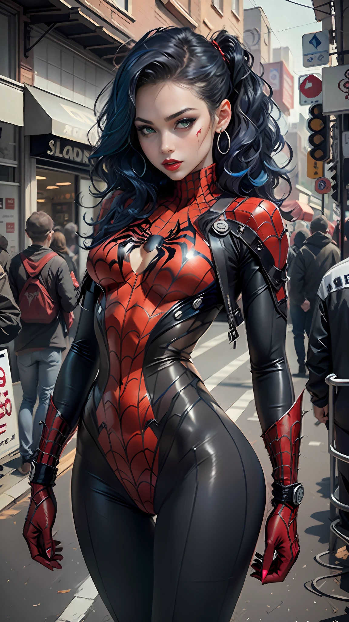 Beautiful woman detailed defined body using spider man cosplay, medium breasts, visible , dark blue hair with red highlights, dark red lipstick, green eyes, Nipple transparent trought costume