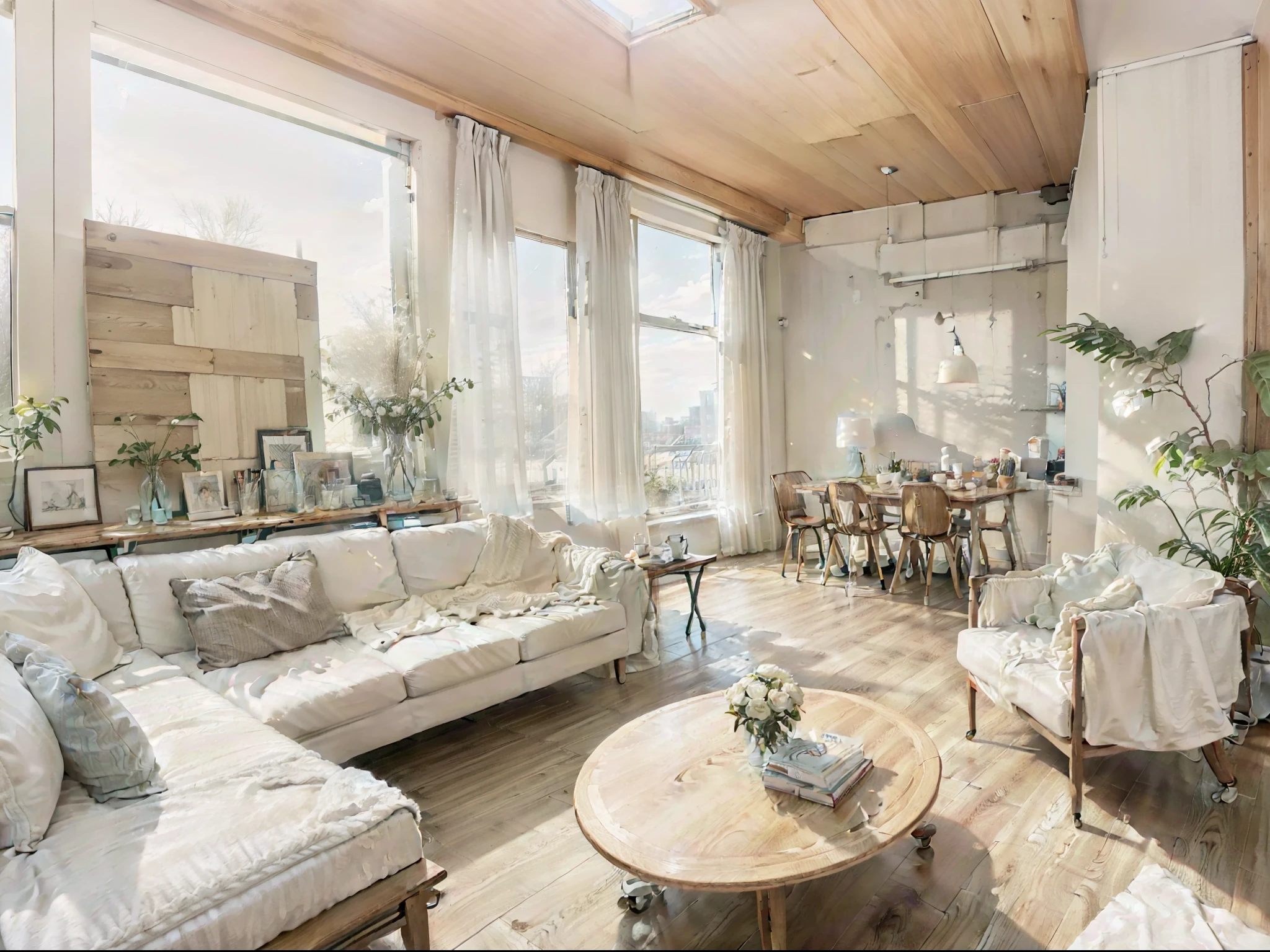 a sketch of a beautiful modern living room, (((foster and partners, artists impression, artistic impression, by Hamish MacDonald, by Carey Morris, by David Brewster, higher detailed illustration, by Helen Berman, an illustration, detailed illustration, by Nick Fudge, by Warren Mahy, artist's impression))), a kitchen cabinet behind the white sofa, with minimal pictures on the wall, linen curtain next to the classroom window, coffee table, modern wood, ceiling with magnetic emissive lighting, white fabric PRB textures, wooden floor PRB texture,
