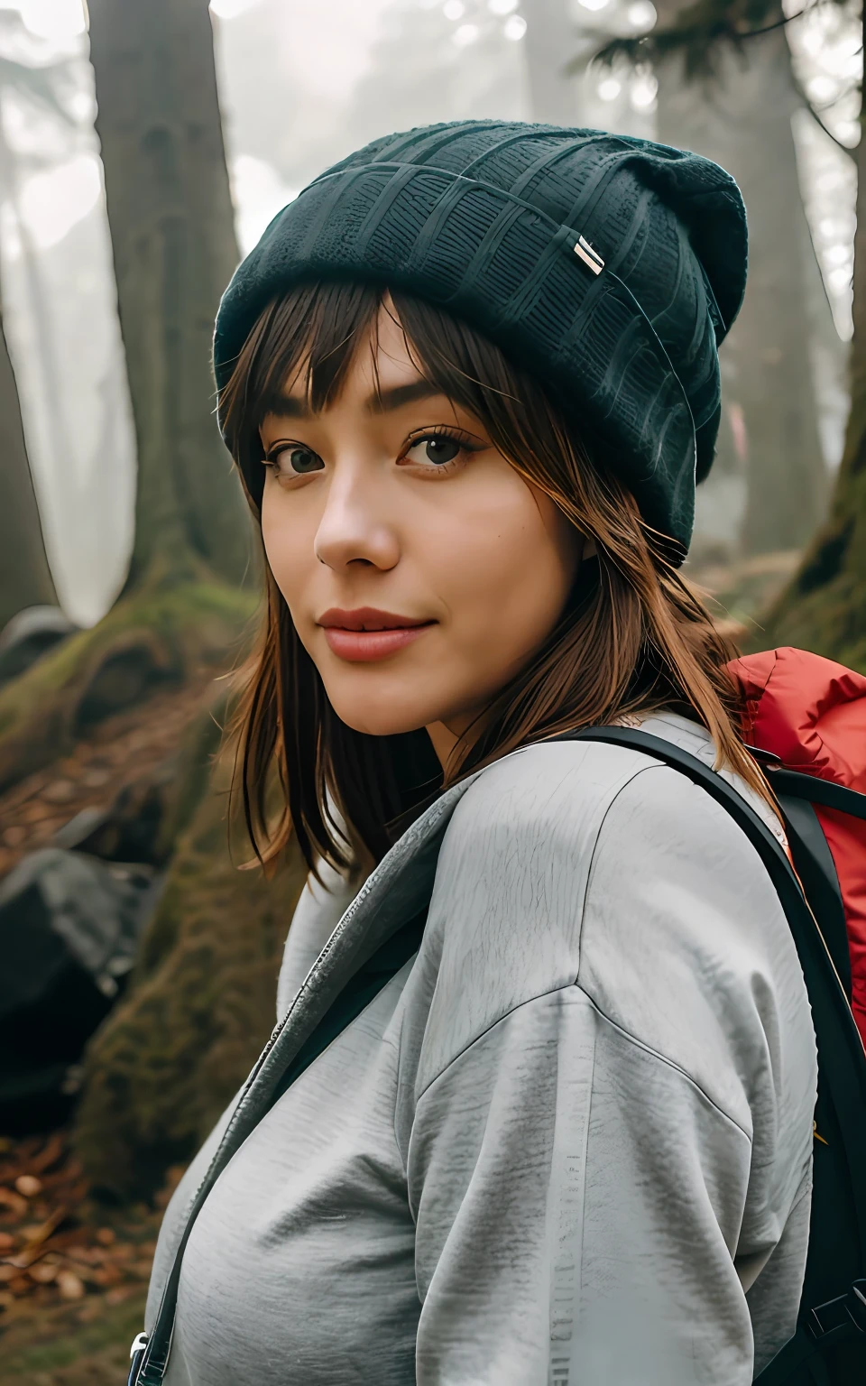 A 20-year-old girl from China ((Upper body selfie, cheerfulness)), tmasterpiece, best qualtiy, ultra - detailed, 独奏, exteriors, (natta), mont, naturey, (As estrelas, themoon) cheerful big breasts, cheerfulness, backpacks, sleeping bag, Camping stove, water bottel, Mountain boots, mitts, Sweaters, bucket-hat, Lanterns, ln the forest, steins, flod, wood, smog, shadowing, to contrast, sunny clear sky, styled , (a warm color palette, a warm color palette: 1,2), closeup cleavage, cinematric light, Side lighting, 超高分辨率, Best shadow, primitive,The upper part of the body,Wear Nike-branded clothing