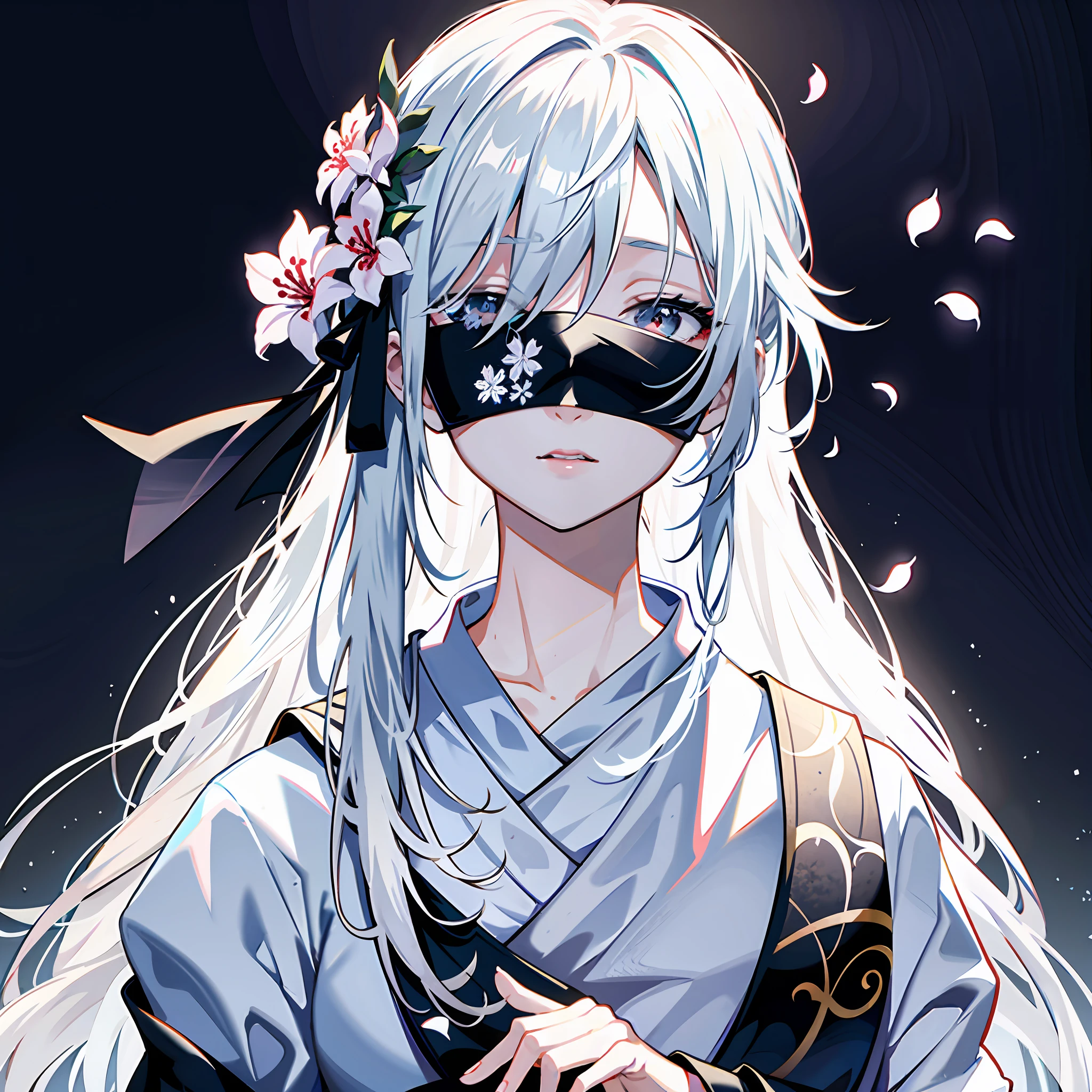 8K,best qualtiy,tmasterpiece,超高分辨率,Epic and beautiful character art,Stunning character art,A woman wears a black cloth belt to cover her eyes,Gray hair,Anime girl with flowers in her hair, Gray background,This is a detailed Onmyoji style art,Whiten face,frostbite,Silk robes,Very beautiful girl,The blind freedom of a few,style of anime4 K, Anime wallpaper 4K, White-haired god, anime styled 3d