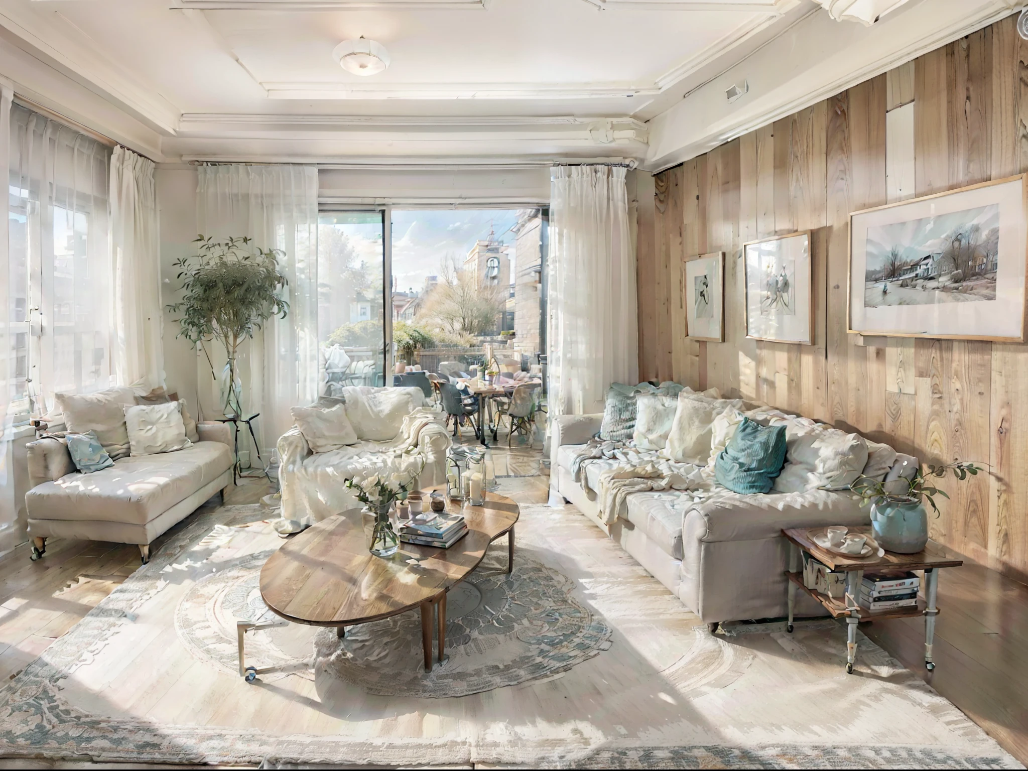 a sketch of a beautiful modern living room, (((foster and partners, artists impression, artistic impression, by Hamish MacDonald, by Carey Morris, by David Brewster, higher detailed illustration, by Helen Berman, an illustration, detailed illustration, by Nick Fudge, by Warren Mahy, artist's impression))), a kitchen cabinet behind the white sofa, with minimal pictures on the wall, linen curtain next to the classroom window, coffee table, modern wood, ceiling with magnetic emissive lighting, white fabric PRB textures, wooden floor PRB texture,