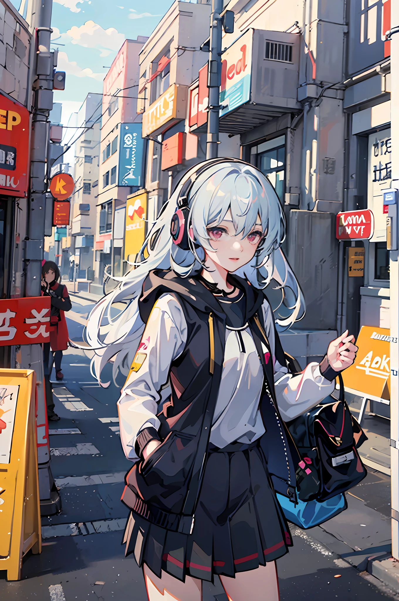 Anime girl with headphones and backpack on city streets, style of anime4 K, Best anime 4k konachan wallpaper, Anime art wallpaper 4k, Anime art wallpaper 4 K, Anime art wallpaper 8 K, Anime style. 8K, Guviz-style artwork, cyberpunk anime girl in hoodie, Anime style illustration, 4K anime wallpaper