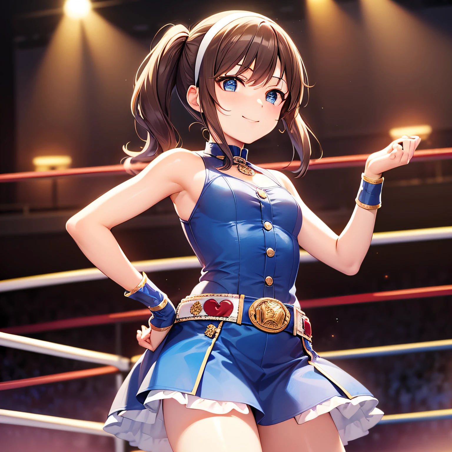 top-quality、extremely delicate and beautiful、Teen Girls、small tits、((((Solo Girl))))、11years old  girl、(dark brown hair)、Blue clothes with vertical buttons、Belt at waist、White skirt、((((poneyTail))))、(white hairband)、(Brown boots)、blue eyess、is standing、A smile、professional wrestling、Crowd Circle View、professional wrestling、spectator seats、Crowd Circle View、Fights in professional wrestling、Fighting、Rise to the pinnacle of professional wrestling、Facing the front、Hands on the hips、Stand alone in the ring