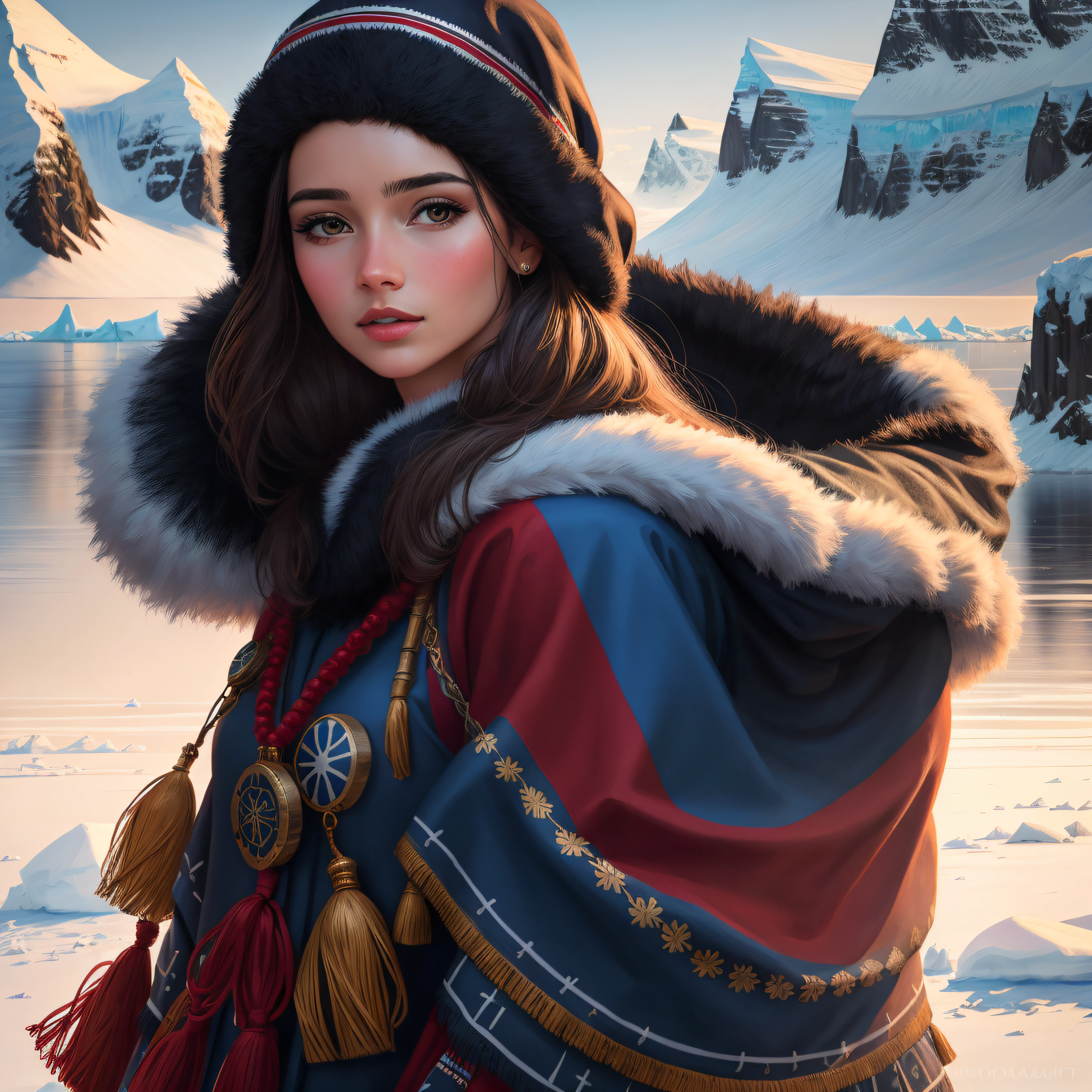Antarctica Beautiful Woman, Traditional Dress, Detailed, Hyper Realistic, 8k, UHD, Full Color, Digital Painting, Cinematic Beautiful Background