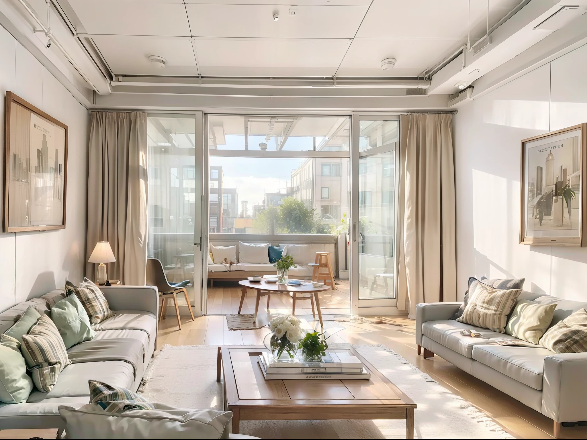 a sketch of a beautiful modern living room, (((foster and partners, artists impression, artistic impression, by Hamish MacDonald, by Carey Morris, by David Brewster, higher detailed illustration, by Helen Berman, an illustration, detailed illustration, by Nick Fudge, by Warren Mahy, artist's impression))), a kitchen cabinet behind the white sofa, with minimal pictures on the wall, linen curtain next to the classroom window, coffee table, modern wood, ceiling with magnetic emissive lighting, white fabric PRB textures, wooden floor PRB texture,