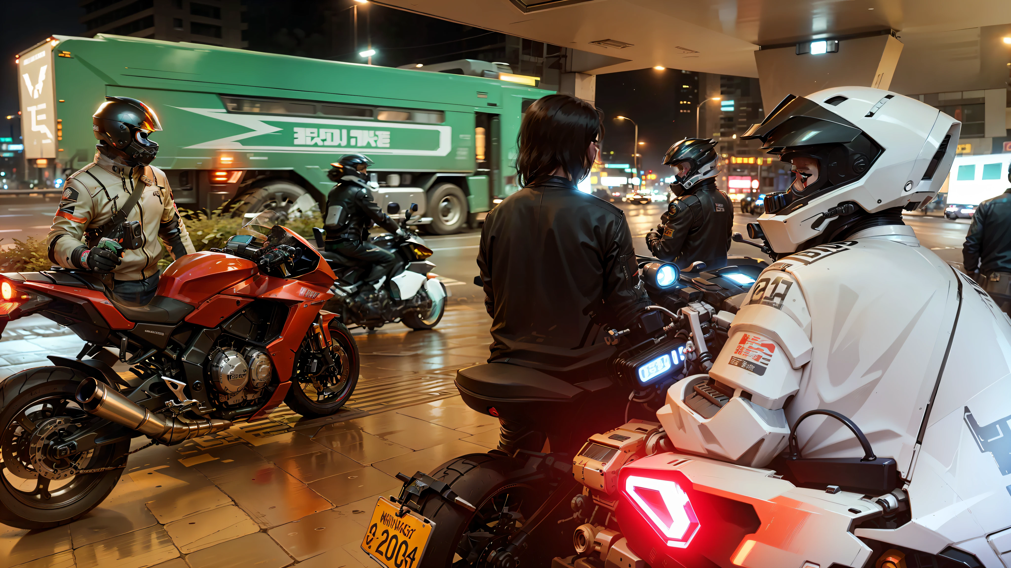 UP motorcycle，A high resolution，Tech Mechanical Motorcycle，cyberpunk backgrouns，8K，Hyper Real，Future wind，nighttime scene，Ray traching，