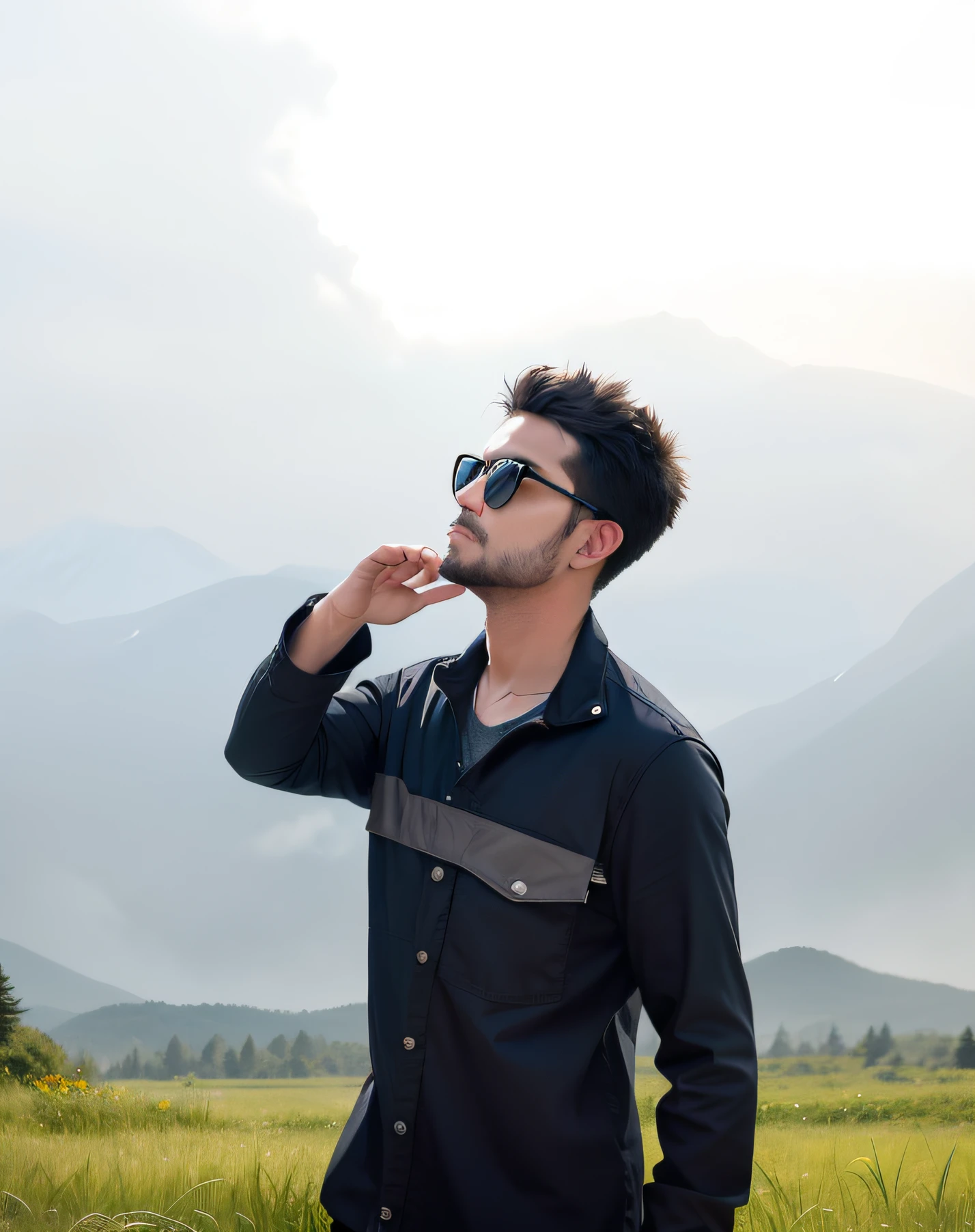 there is a man standing in a field with a cloudy sky, with a cool pose, in front of a forest background, with mountains in the background, in a scenic background, candid picture, amidst nature, looking majestic in forest, cool pose, with mountains in background, shot with a dslr, moutain in background, with lovely look, casual photography