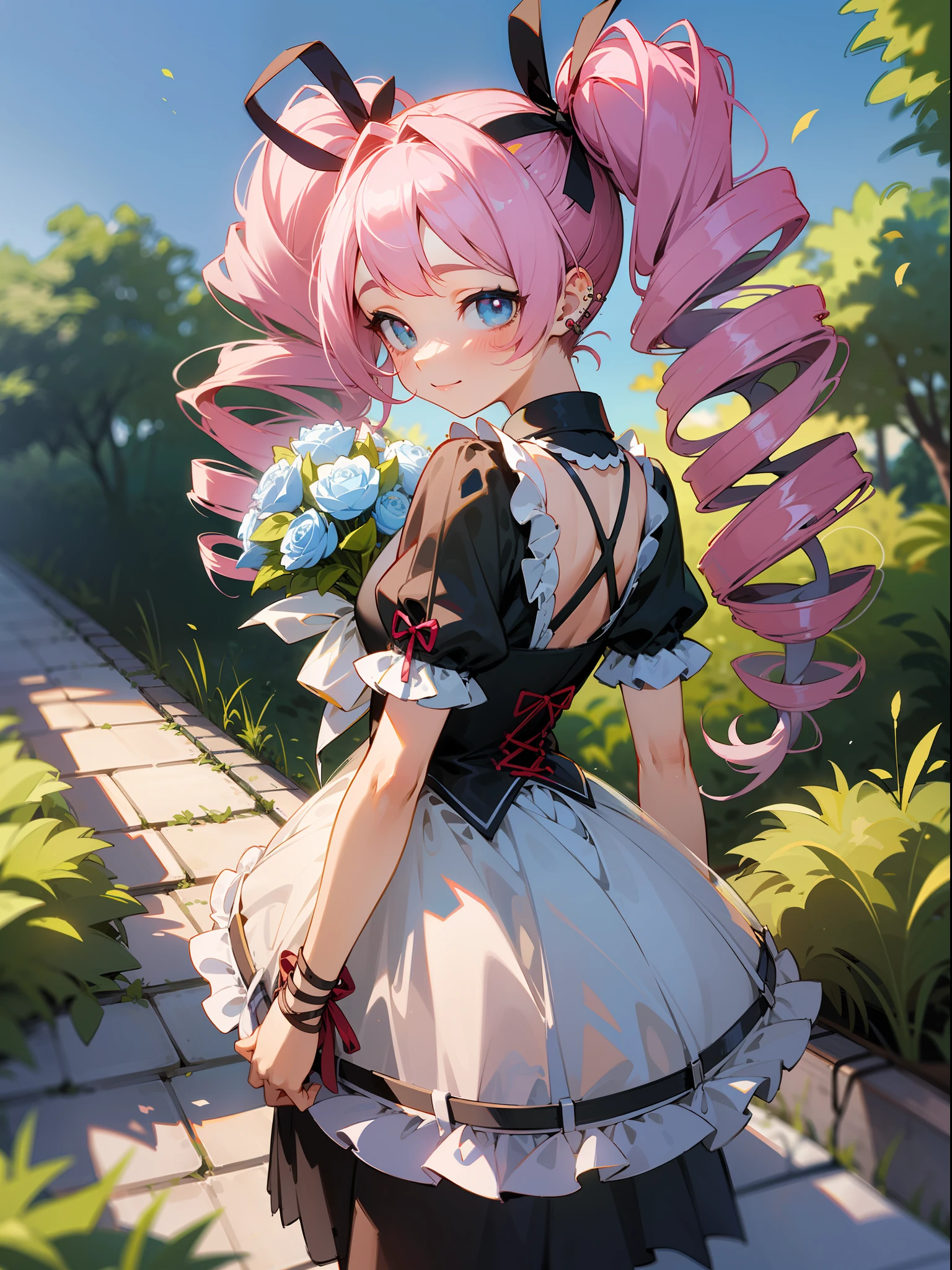 master piece, hyper quality, Hyper Detailed, Perfect drawing,Hi-Res、1girll,Loose and fluffy hair、(((drills twintails)))、A pink-haired、Big eyes with double eyelids、lofty nose、blusher(0.2)、small mouth、ear piercings、Lolita Fashion、Clothes with lots of lace and frills、a miniskirt,knee high socks(:1.5),(garterbelts)、(((Wrapped、With ribbon、Holding a large bouquet))), butt sticks out, Big round buttocks, Standing figure, ((Panties are visible)), (((Luxury panties)))(((Light blue see-through panties)))、Embarrassing、Smile、blue-sky、Summer colors、Sunlight、Walking trail、Shooting from diagonally below, portlate、beatiful backgrounds, meticulous drawing, Accurate drawing、Perfect illustration、Perfect Beautiful Girl