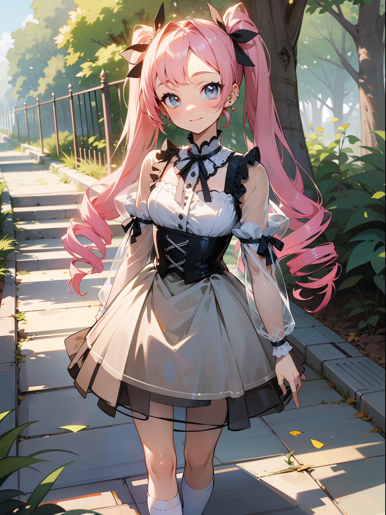 master piece, hyper quality, Hyper Detailed, Perfect drawing,Hi-Res、1girll,Loose and fluffy hair、(((drills twintails)))、A pink-haired、Big eyes with double eyelids、lofty nose、blusher(0.2)、small mouth、ear piercings、Lolita Fashion、Clothes with lots of lace and frills、a miniskirt,knee high socks(:1.5),(garterbelts)、(((Wrapped、With ribbon、Holding a large bouquet))), butt sticks out, Big round buttocks, Standing figure, ((Panties are visible)), (((Luxury panties)))(((Light blue see-through panties)))、Embarrassing、Smile、blue-sky、Summer colors、Sunlight、Walking trail、Shooting from diagonally below, portlate、beatiful backgrounds, meticulous drawing, Accurate drawing、Perfect illustration、Perfect Beautiful Girl