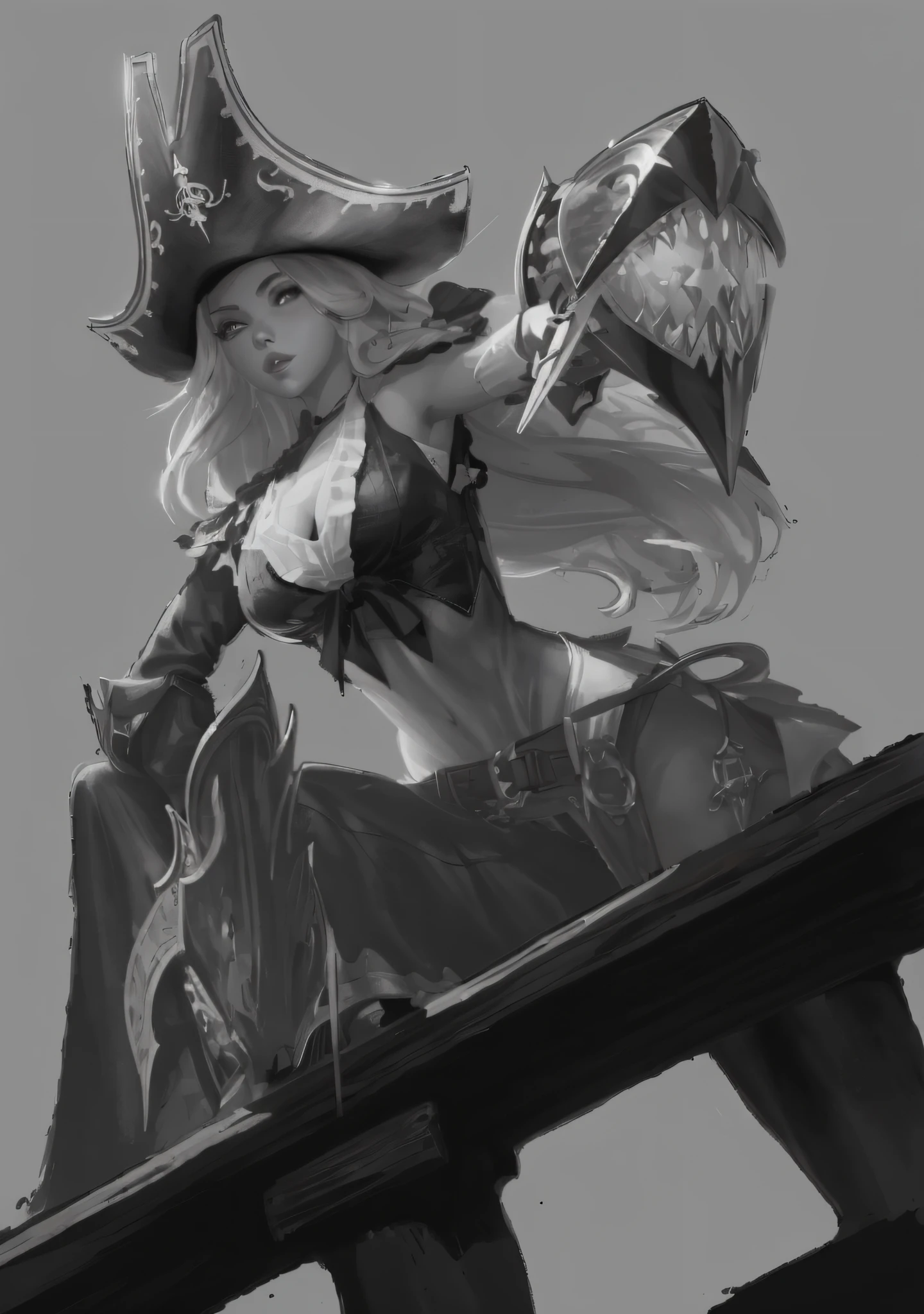 A black-and-white photograph of a woman dressed in a pirate costume, wlop rossdraws, Extremely detailed Artgerm, concept-art | Art germ, alexandra fomina artstation, wlop and rossdraws, Art germ on ArtStation Pixiv, Rosla 1. 0, Style Artgerm, rossdraws 2. 5, artstation painting