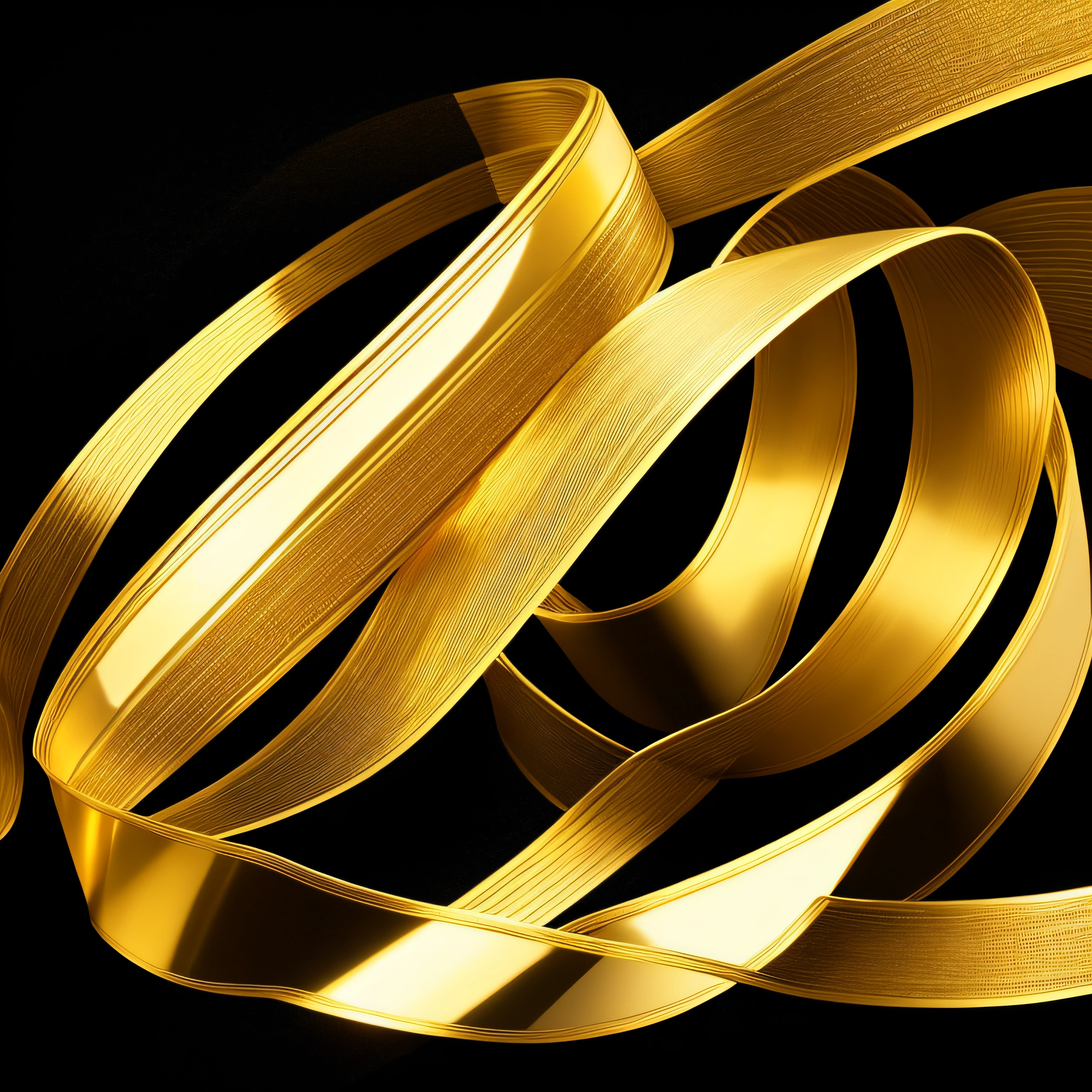 Gold ribbon on black background, On a reflective gold ribbon, Gold metal, Realistic light gold color, shining gold, golden smooth material, pale blonde, golden rays, Gold blank light, --auto