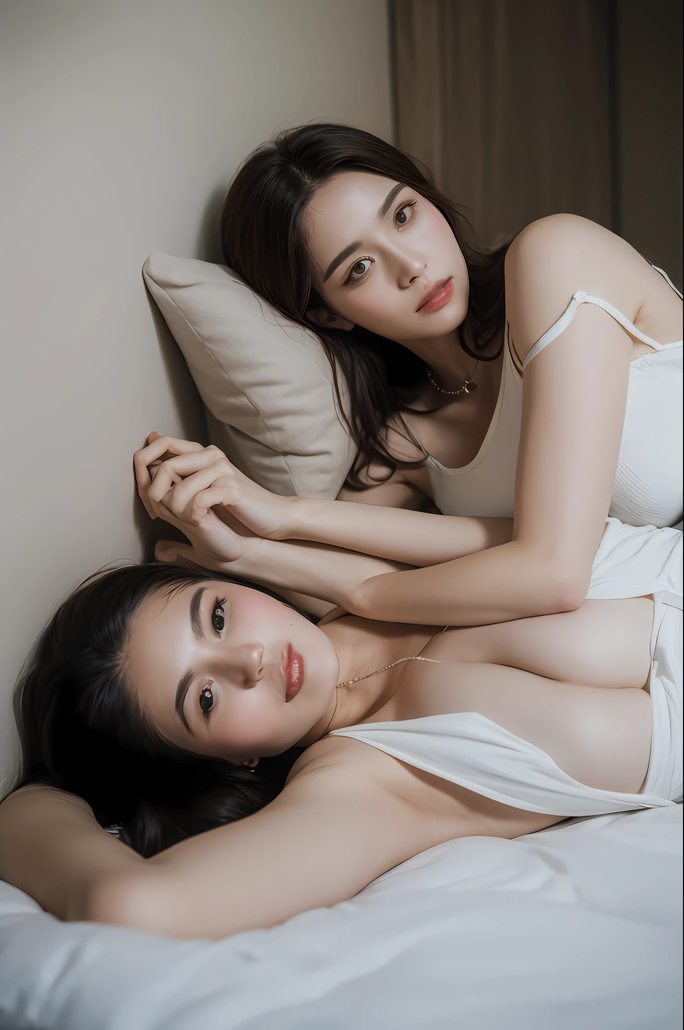 Highest Quality, Masterpiece, Super High Resolution, (Photorealistic: 1.4), Raw Photo, 1 Girl, Off Shoulder, Garter Belt, In Room, Deep Shadows, Low Key, On Bed, Lie Down, Right Arm Under Head, Head on pillow, undressed clothes, viewer's eyes, gorgeous necklace