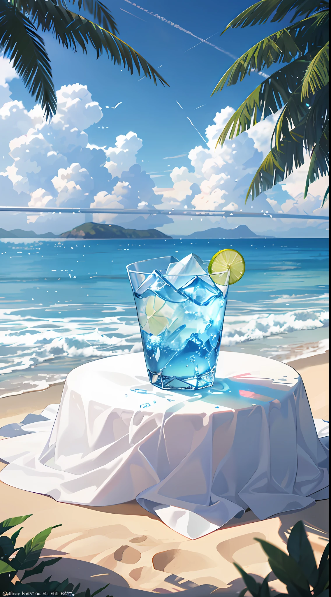 （A glass of juice 1.1)，wineglass，Blue ocean，best qualtiy，Macro photography depicts picnic scenes themed around a tropical beach vacation in summer。The protagonist of this photo is an ice cup filled with iced carbonated drinks。Lens focus glasses、the fruits、The dazzling midday sun、fisheyelens、View from afar、A hearty meal、（Splashed liquid：1.6）、ice cubes、（Picnic scene：0.5）（Lovely dessert：0.4）、drippy。It was filled with carbonated drinks、Translucent liquid、Daytime outdoor lights（Beach 1.5）、Tropical plants、Hot weather、high definition detail、Wet watermark、Hyper-detailing、cinematic ligh、ultra-realistic realism、softlighting、Deep field focus bokeh、Ray traching、diffused reflections（Ultrafine Glass Reflection）and surrealism。There is a blue glass on the table on the beach, Relaxing concept art, wallpaper anime blue water, Makoto Shinkai Cyril Rolando, ross tran. scenery background, Relaxing environment, beach aesthetic, Anime background art, Anime landscape concept art, azure water, Anime art wallpaper 4k, Anime art wallpaper 4 K, relaxing at the beach, Sparkling bay, Amazing wallpapers，