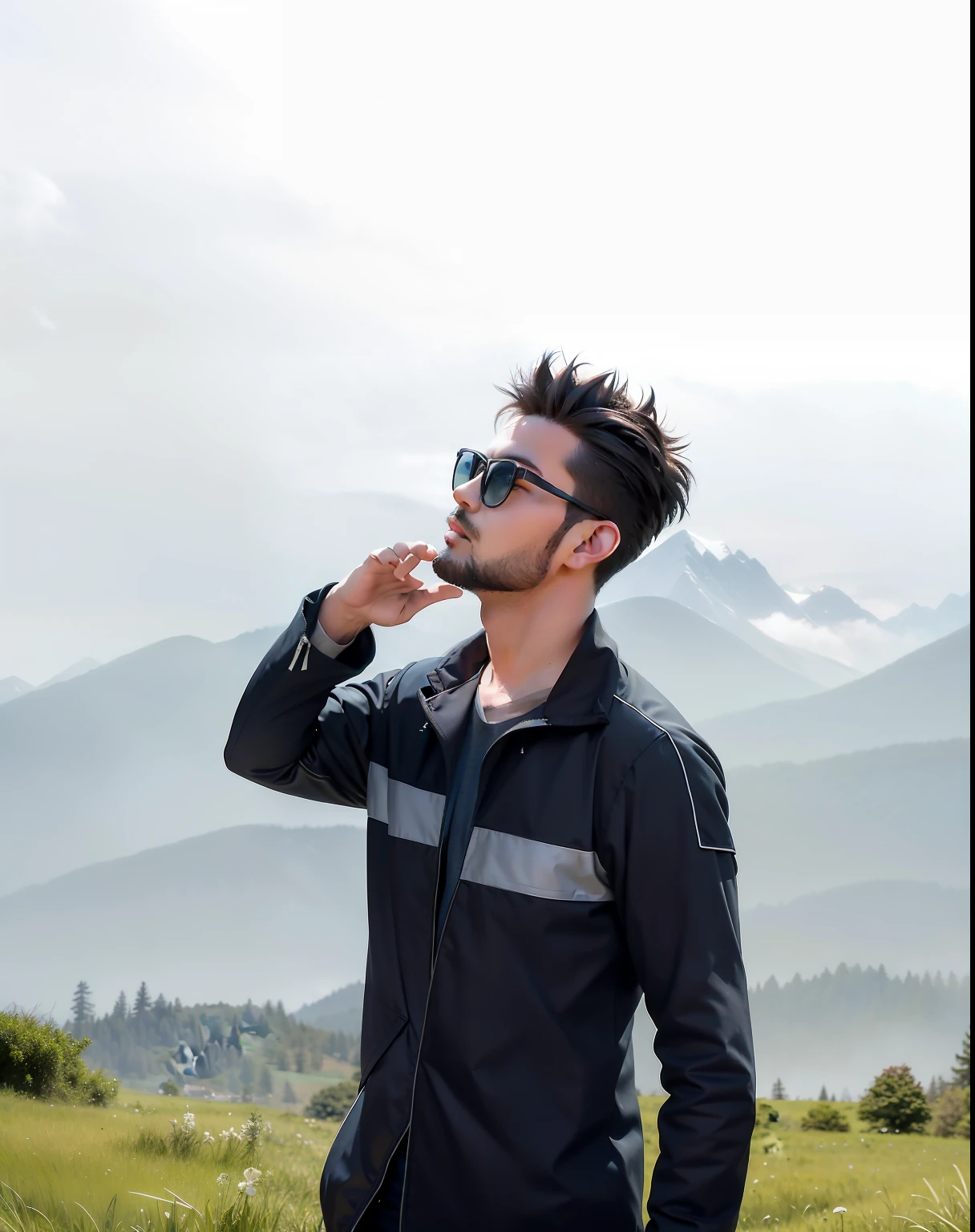 there is a man standing in a field with a cloudy sky, with a cool pose, in front of a forest background, with mountains in the background, in a scenic background, candid picture, amidst nature, looking majestic in forest, cool pose, with mountains in background, shot with a dslr, moutain in background, with lovely look, casual photography