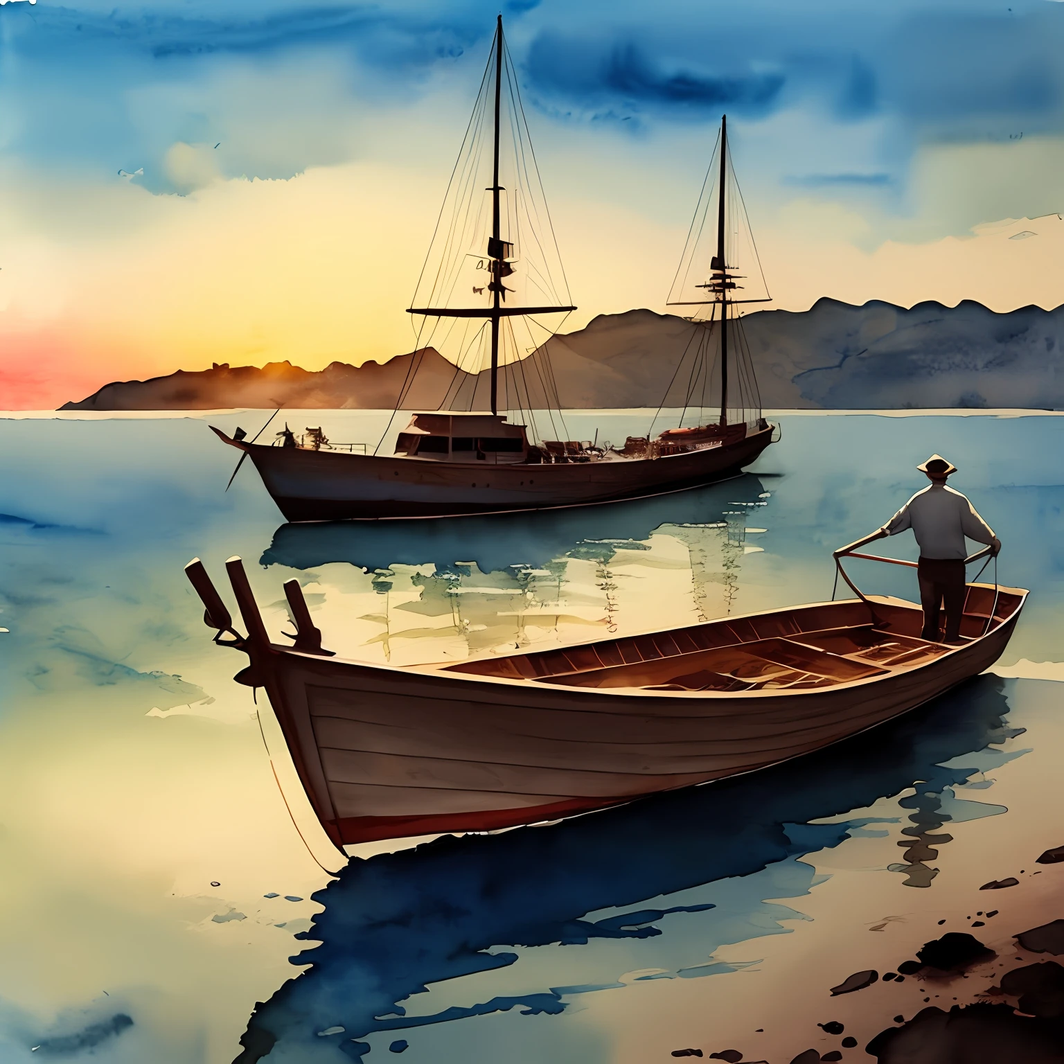 Watercolor intura with traces of man walking towards a boat on water, Artistic Illustrations, detailed watercolour, Watercolor illustration, Intense watercolor painting, Rich watercolor painting, Watercolor ink illustration, das boot, detailed watercolour, dramatic art, detailed watercolour