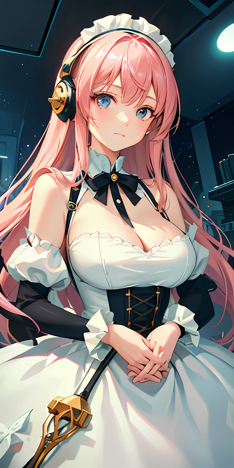 （down view），dynamic angle，ultra - detailed，illustratio，closeup cleavage，Straight Forward，1girll，
 （（Souryuu Asuka Lanley，Interface headset，Lolita costume：1.4，Pink hair）），Her eyes shone like dreamy stars，（glowing light eyes：1.233），（beautiful and detailed eye：1.1），（face expressionless，Keep your mouth shut），（standing on your feet），
（Mechanical room with tools and spaceship windows in a white spaceship），
（the night：1.2），dream magical， [[Slender fingers and hands：0.55]：：0.85]，（detail finger），