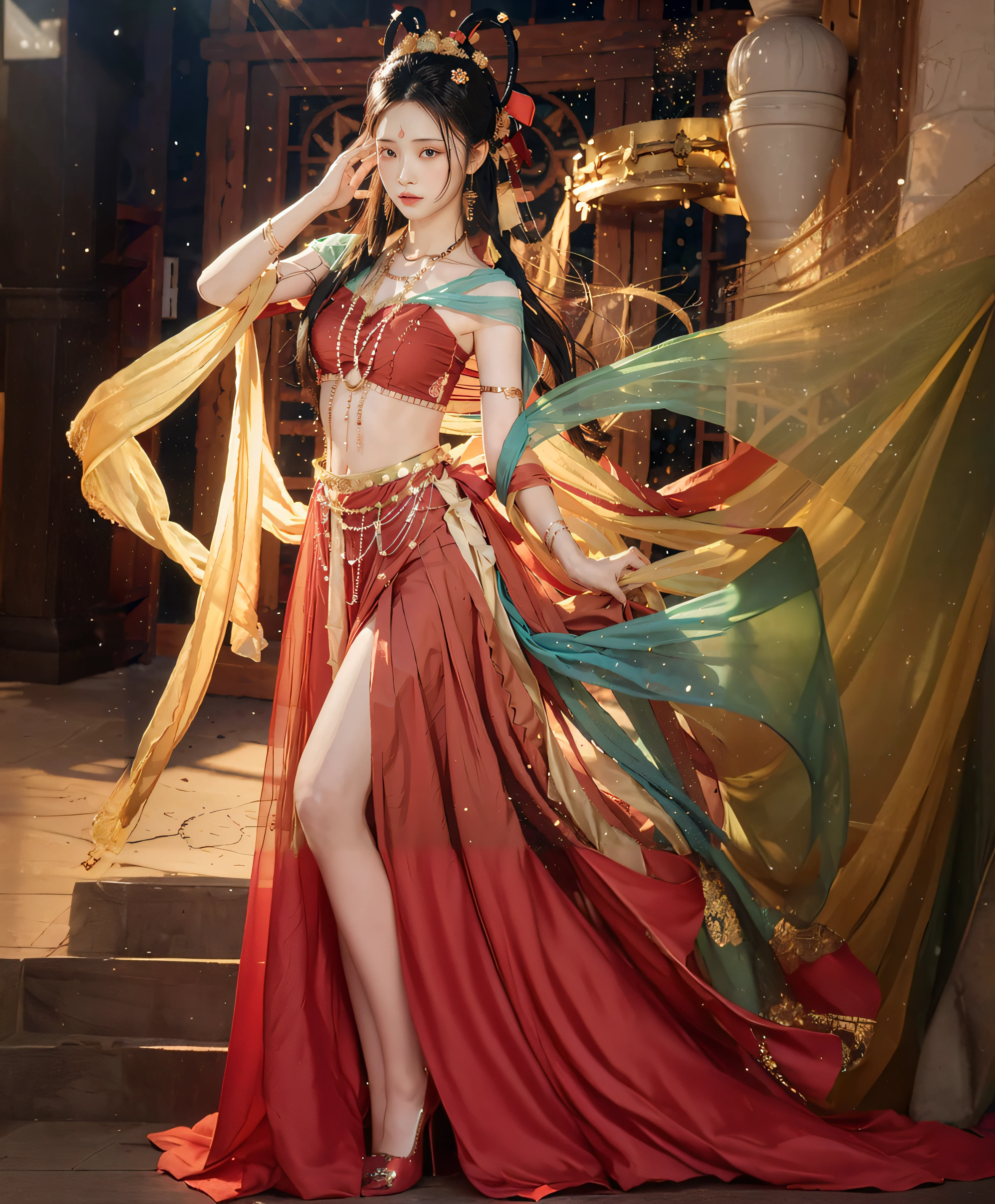 Arakfi woman in red dress and long dress, full-body xianxia, a beautiful fantasy empress, zhongli from genshin impact, inspired by Du Qiong, Inspired by Lan Ying, Keqing from Genshin Impact, Gorgeous Role Play, by Yang J, Palace , A girl in Hanfu, inspired by Ju Lian
