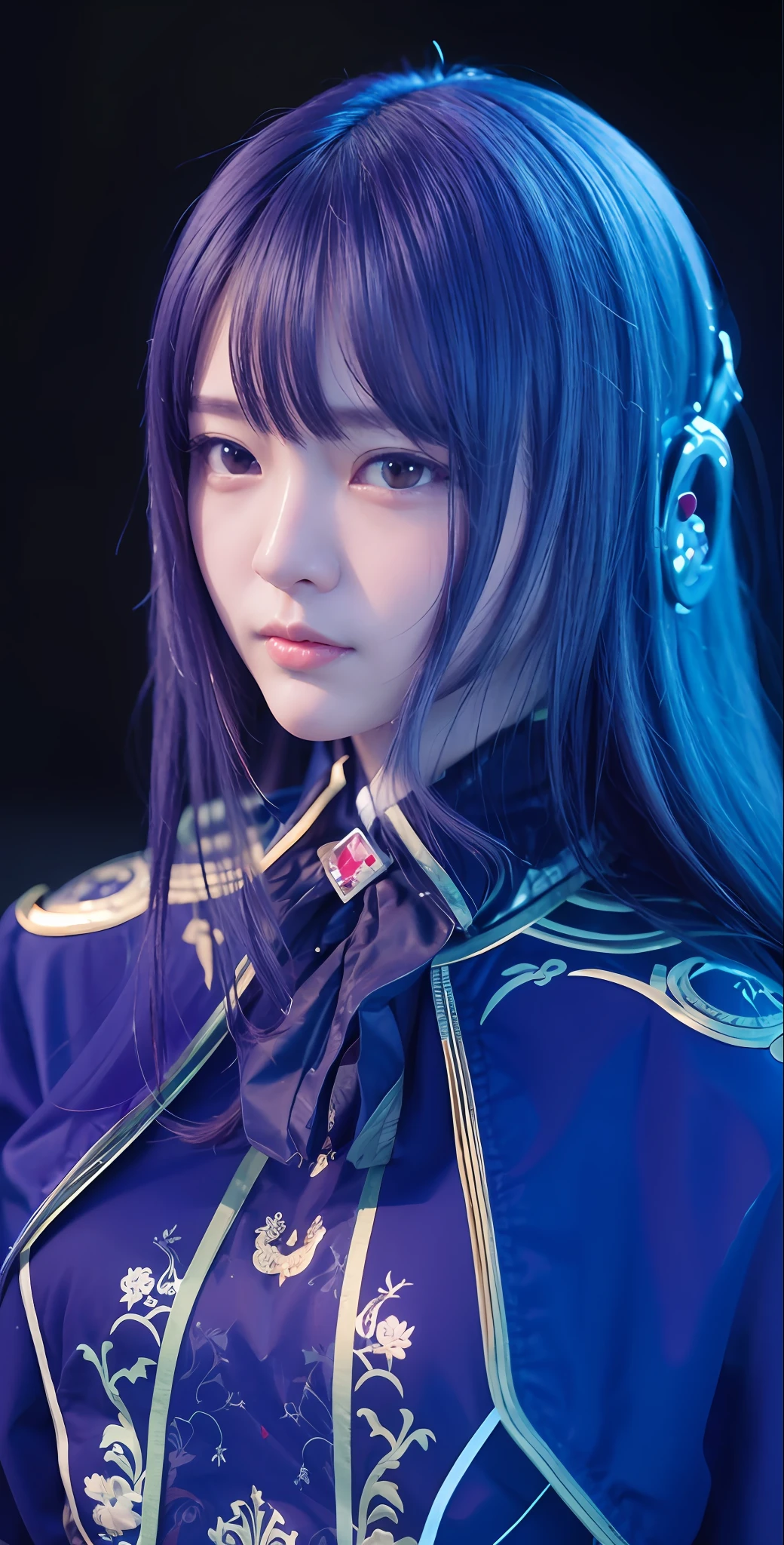 1girl, Sheng cai'er, purple hair, detai eyes, realistic, ultra detail,