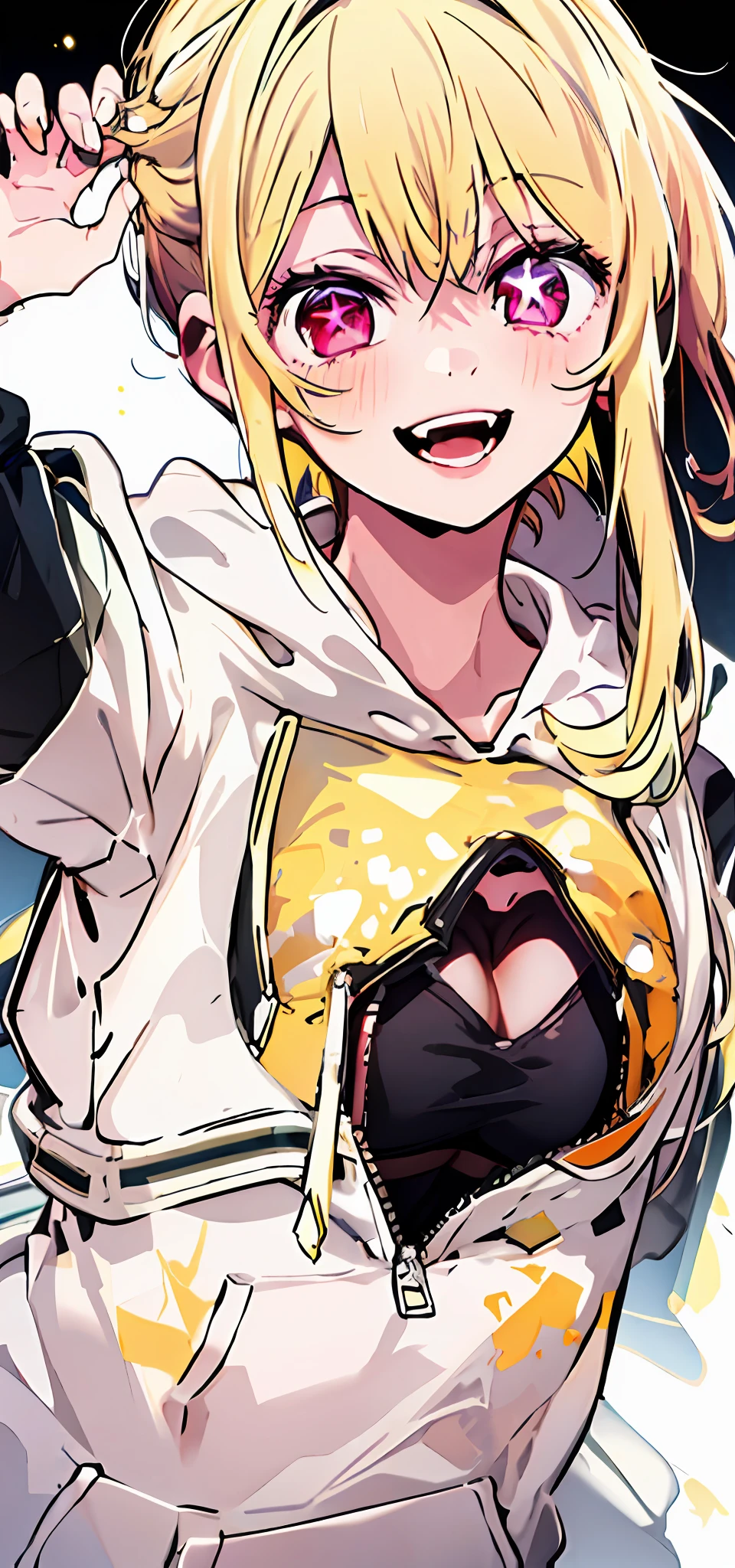 top-quality, masterpiece, tre anatomically correct, Original Characters , 1girl in, (Crazy smile:1.2) , blonde hair , bangss , Crazy eyes , hand on face , Upper body is shown., ((Wearing a white hoodie)), ((((You can see the chest)))), Yellow blood splatters on the face, yellow and black color scheme, open open mouth, (roll up eyes:1.2), (Shining Left Eye Star), Pink eyes, Pink eyes,