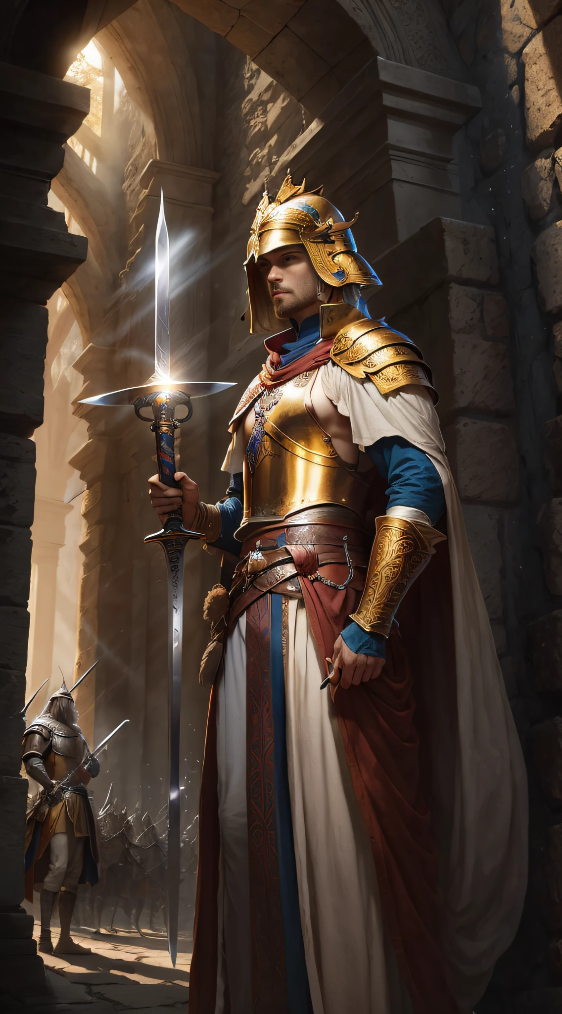 ((masterpiece)), ((best quality)), 8k, high detailed, ultra-detailed,
King Arthur, holding the Excalibur, standing tall with determination and courage, ready to fulfill his destiny. He is wearing a majestic helmet, adorned with intricate engravings and plumes of feathers, symbolizing his noble lineage. The sunlight filters through the trees, casting a golden glow on the scene, as if blessing his quest. The air is filled with anticipation and the sound of clashing swords echoes in the background, hinting at the upcoming battle.