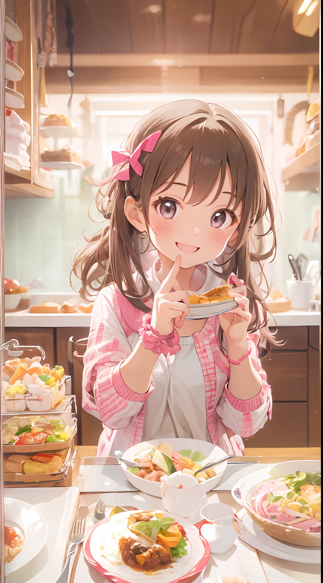 The image of a cute girl who likes pink, appearance々Eat a feast of dishes, With a smile and posing for the camera, With cute gestures.