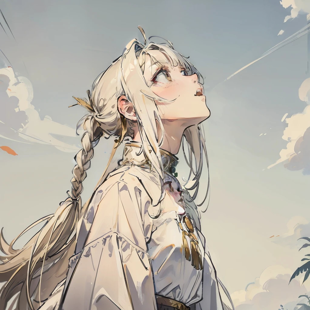 best quality, masterpiece,white hair, gold eyes,white clothes, looking up, upper body,hair strand,Fair skin,side braids