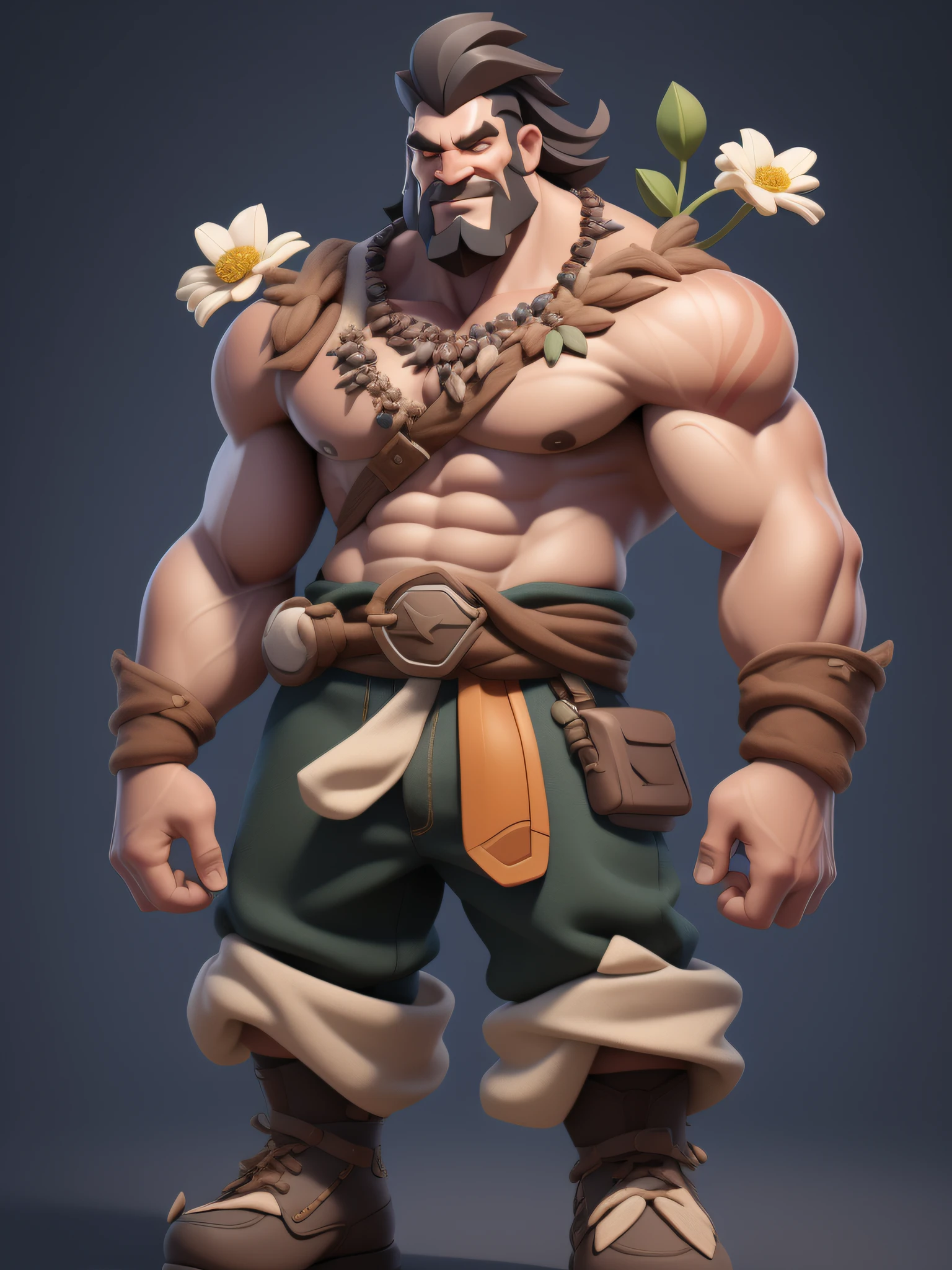 1 Original boy，Full body like，（European and American cartoon Q version，3D model rendering，Primitive barbarian style），Skinny archer，Floral decoration，Barbarians，Clash Royale style，Cartoon model rendering，low poly，highly details eye、beauitful face，Mini Dwarf，Complicated details，Full body standing painting，white backgrounid，tmasterpiece，best qualtiy，Best resolution，8K