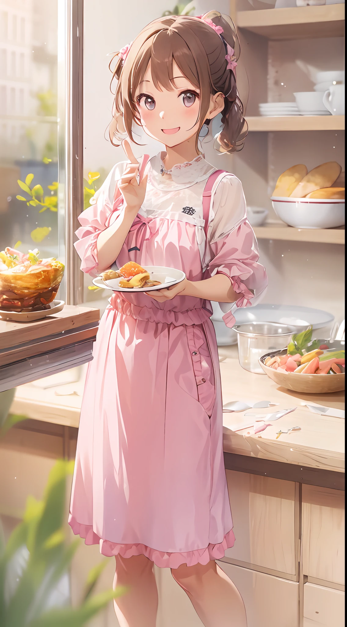 The image of a cute girl who likes pink, appearance々Eat a feast of dishes, With a smile and posing for the camera, With cute gestures.