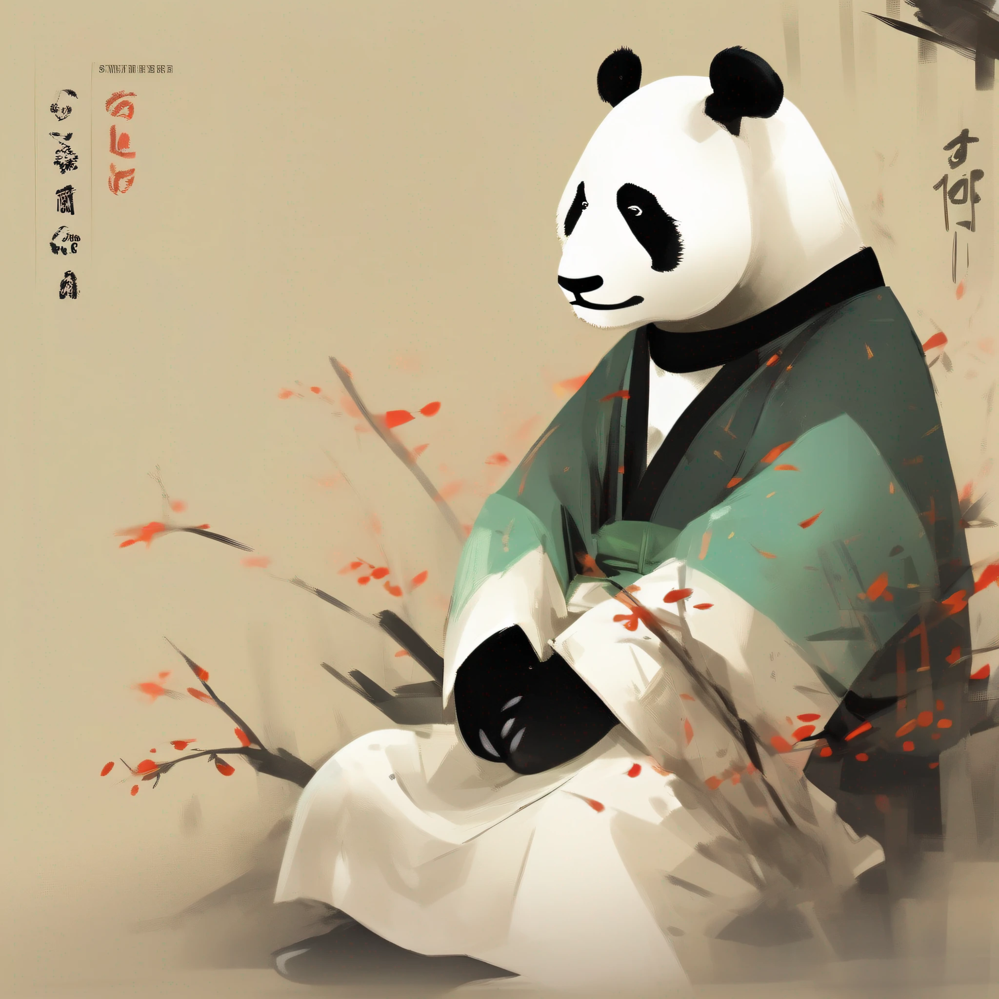A panda, Ancient Chinese official clothing styles, Wu Guanzhong art, depth of field, reference sheet, close-up, negative space, close-up, ray tracing, Luminism, Tonalism, Minimalism, UHD