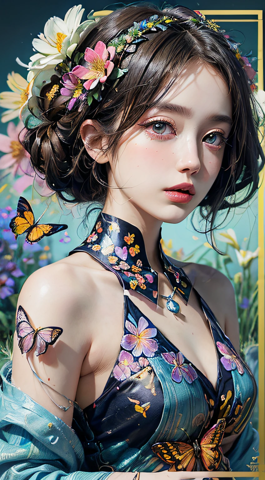 (masterpiece:1.1), (highest quality:1.1), (HDR:1.0), ambient light, ultra-high quality,( ultra detailed original illustration), (1girl, upper body), ((harajuku fashion)), ((flowers with human eyes, flower eyes)), double exposure, fusion of fluid abstract art, glitch, (original illustration composition), (fusion of limited color, maximalism artstyle, geometric artstyle, butterflies, junk art)