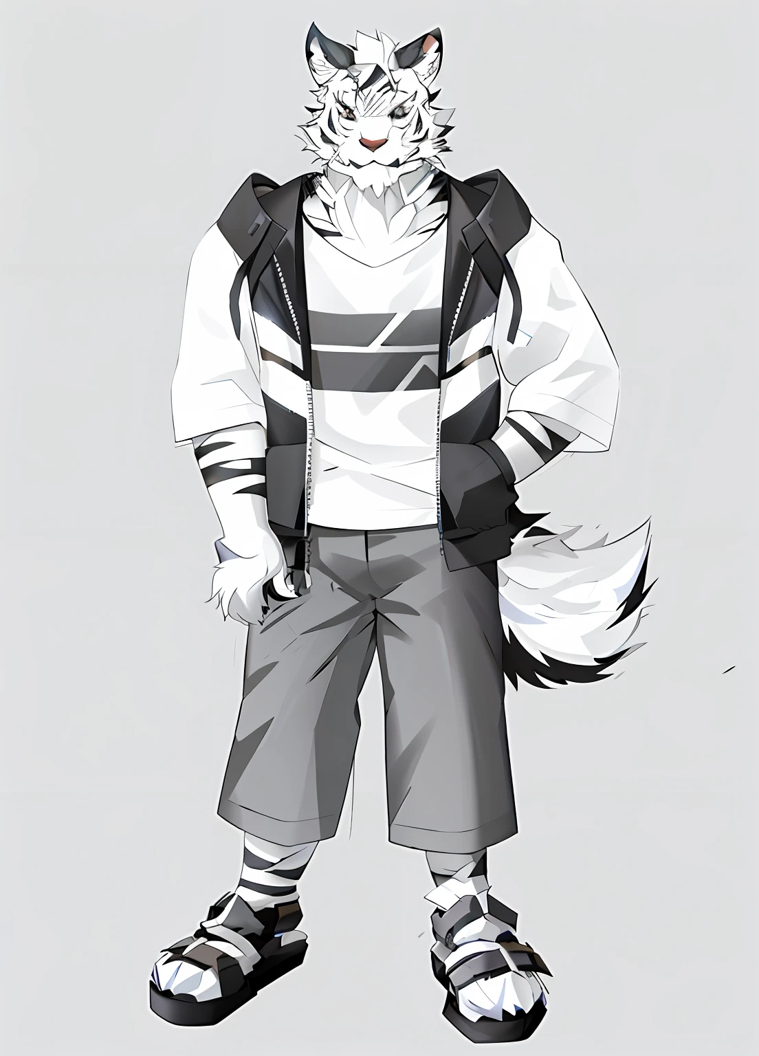 Cartoon of a white tiger in a jacket and shorts, fursona wearing stylish clothes, full body portrait of a short!, A furry, generic furry style, Single character full body, full-body portraits, !!Full body portrait!!, Furry character, full body commission for, anime full body illustration, A white tiger, detailed full-body concept，A fluffy，arknight，akrnights，Tomorrow's Ark Operator Mountain，Operators of the Ark Night，Ark of tomorrow，Arknights' Operator Hill